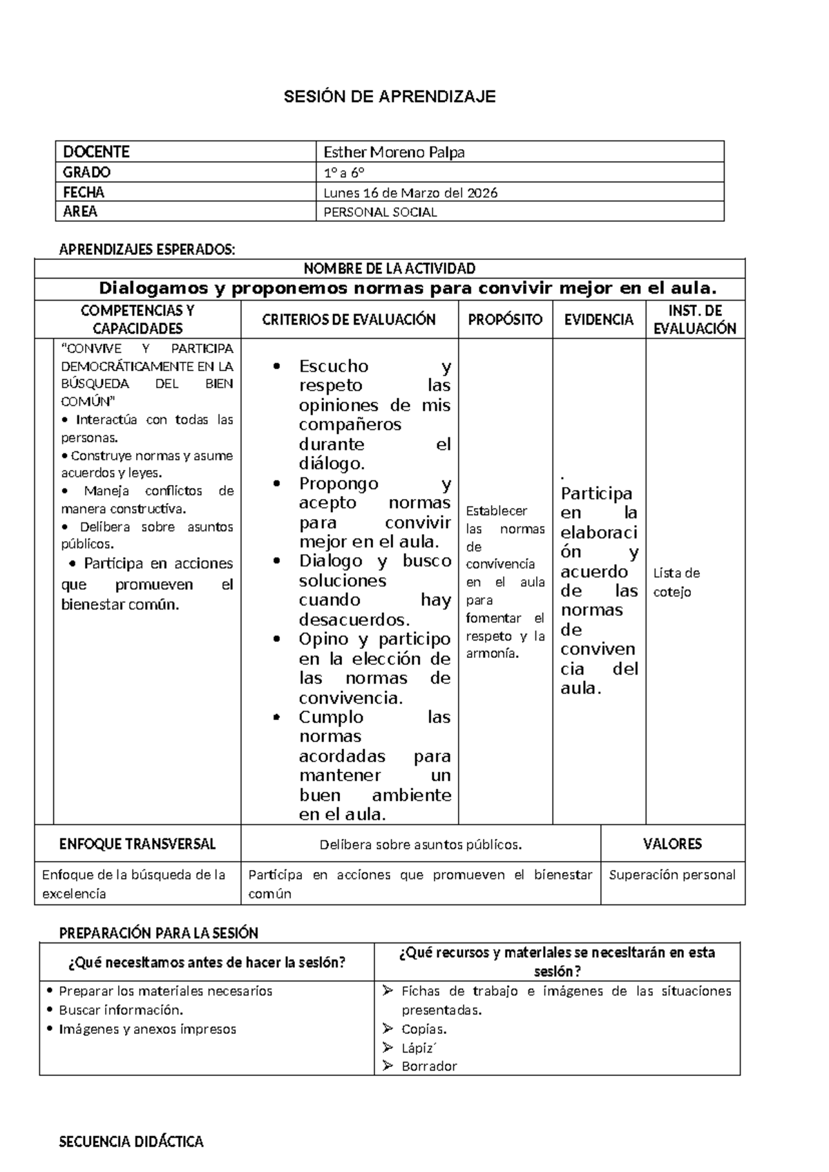 Normas de Convivencia en el Aula - SESIÓN DE APRENDIZAJE 16 Personal ...
