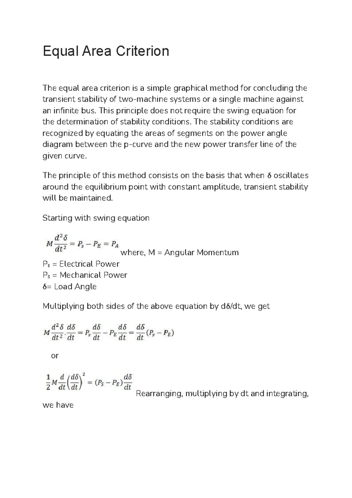 Equal Area Criterion - Stability Analysis Notes for EE Course - Studocu