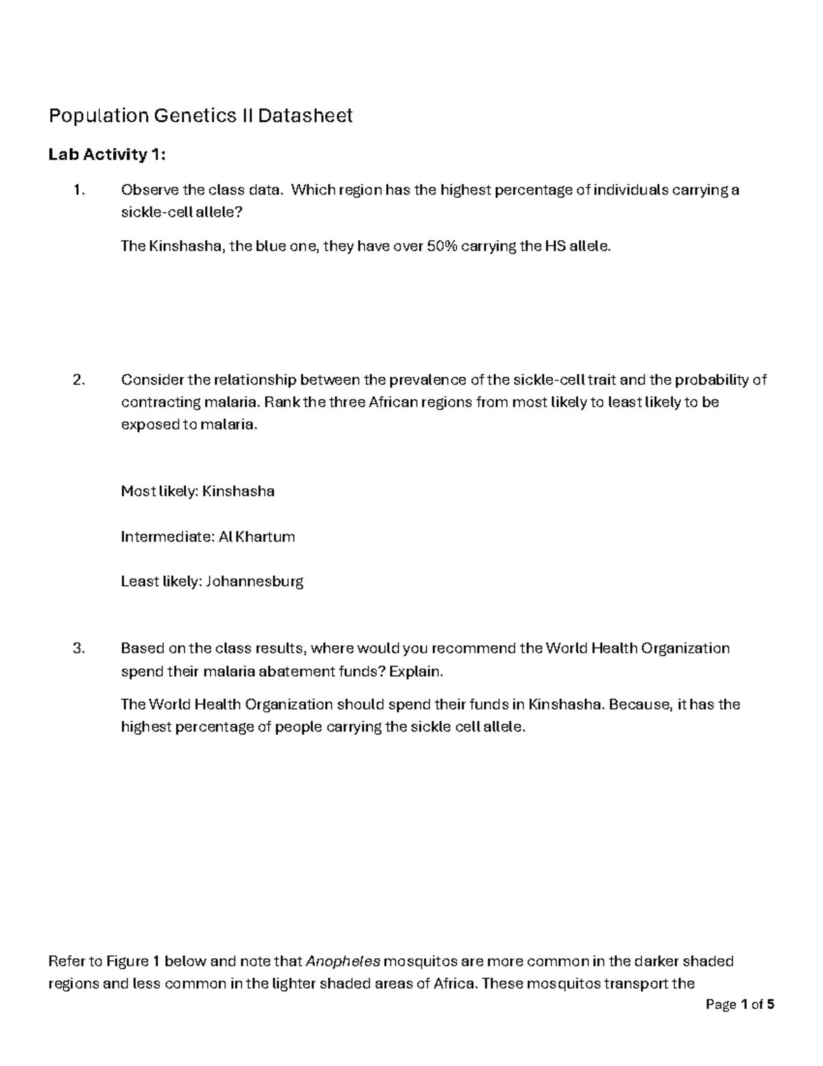 Population Genetics II Lab Activity: Malaria and Allele Prevalence ...