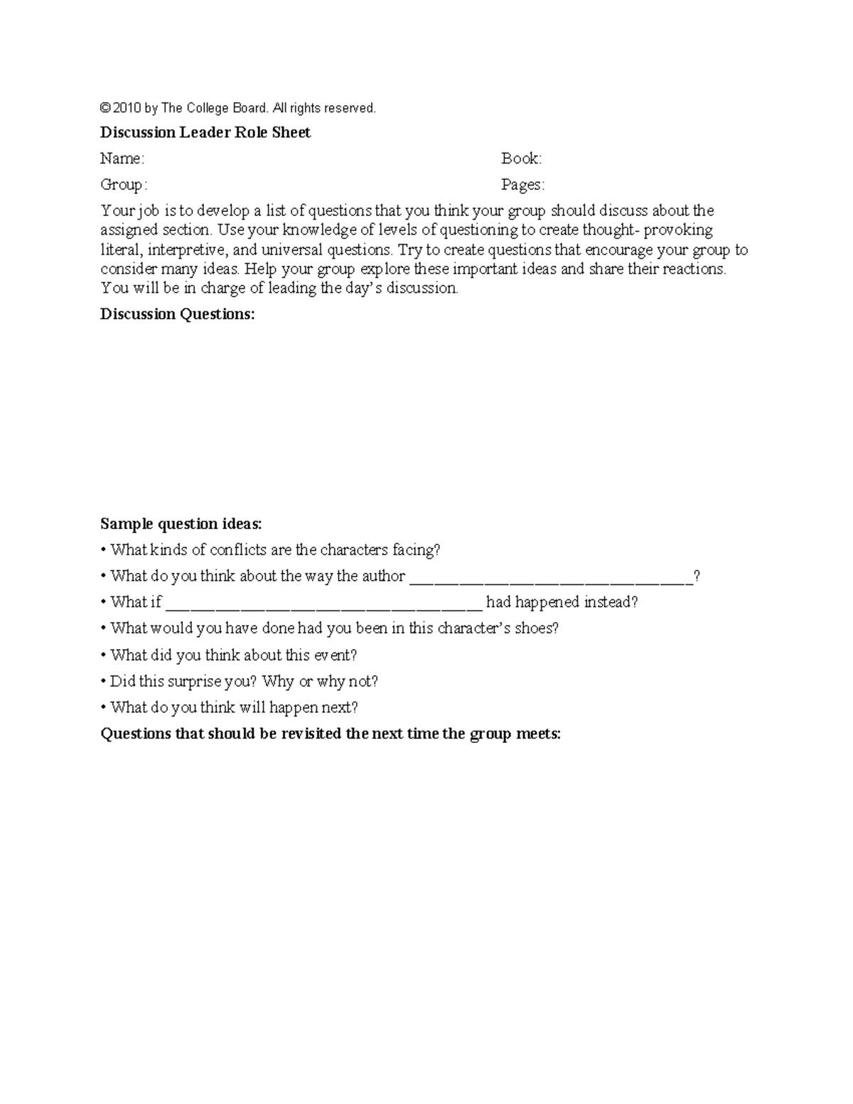 Discussion Leader Role Sheet: Engaging Questions for Group Discussion ...