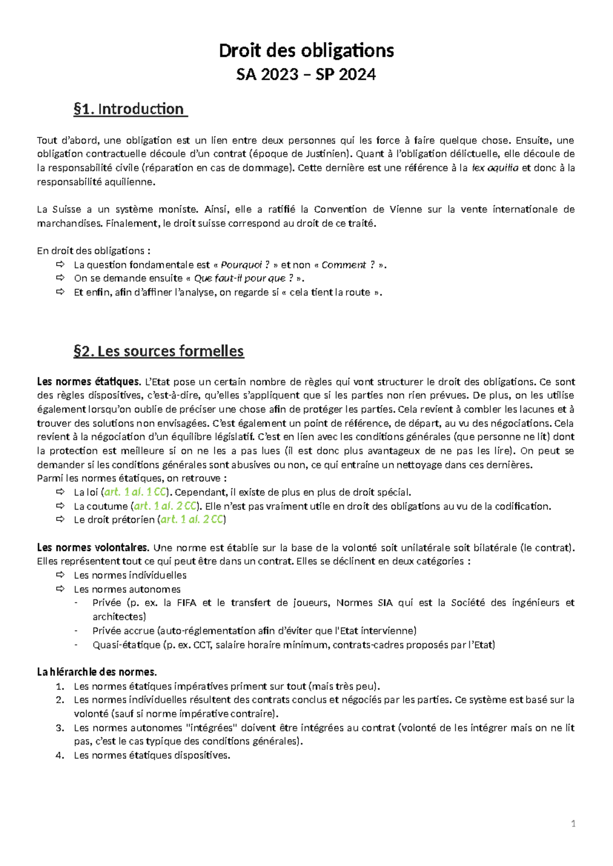 Droit des obligations - Cours de Prof. Pichonnaz (SA 2023 - SP 2024 ...