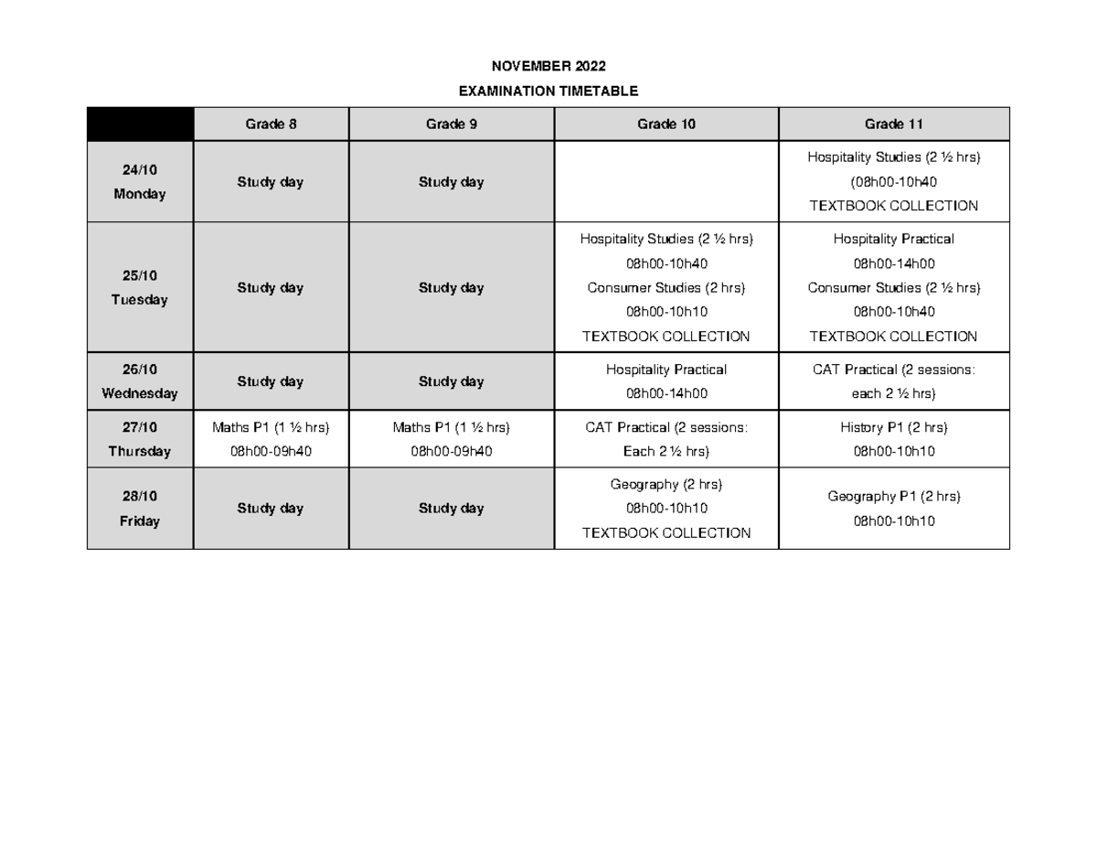 Exam Timetable November 2022 for Grades 8-11 - Studocu