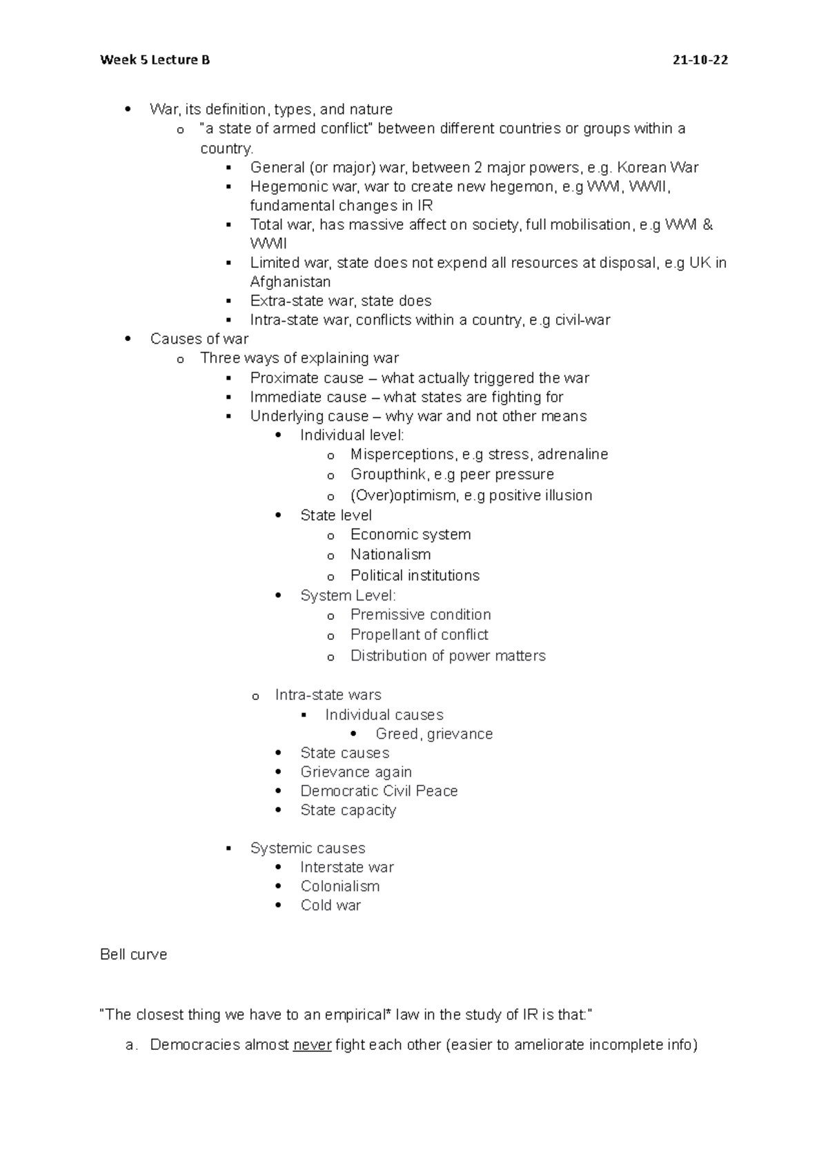 5b Lecture Notes Causes of War - Week 5 Lecture B 21-10- War, its ...