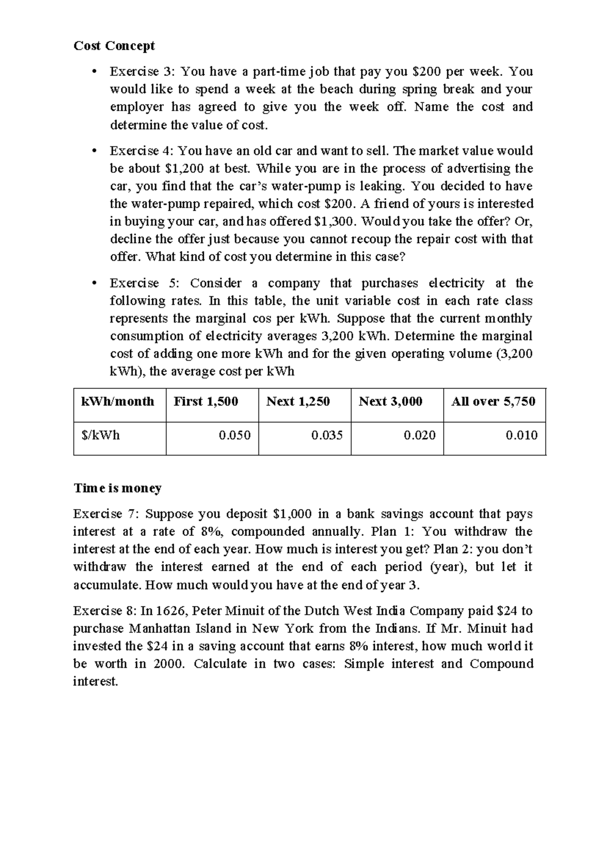 Cost Concepts Exercises: Analysis and Calculations for Financial ...