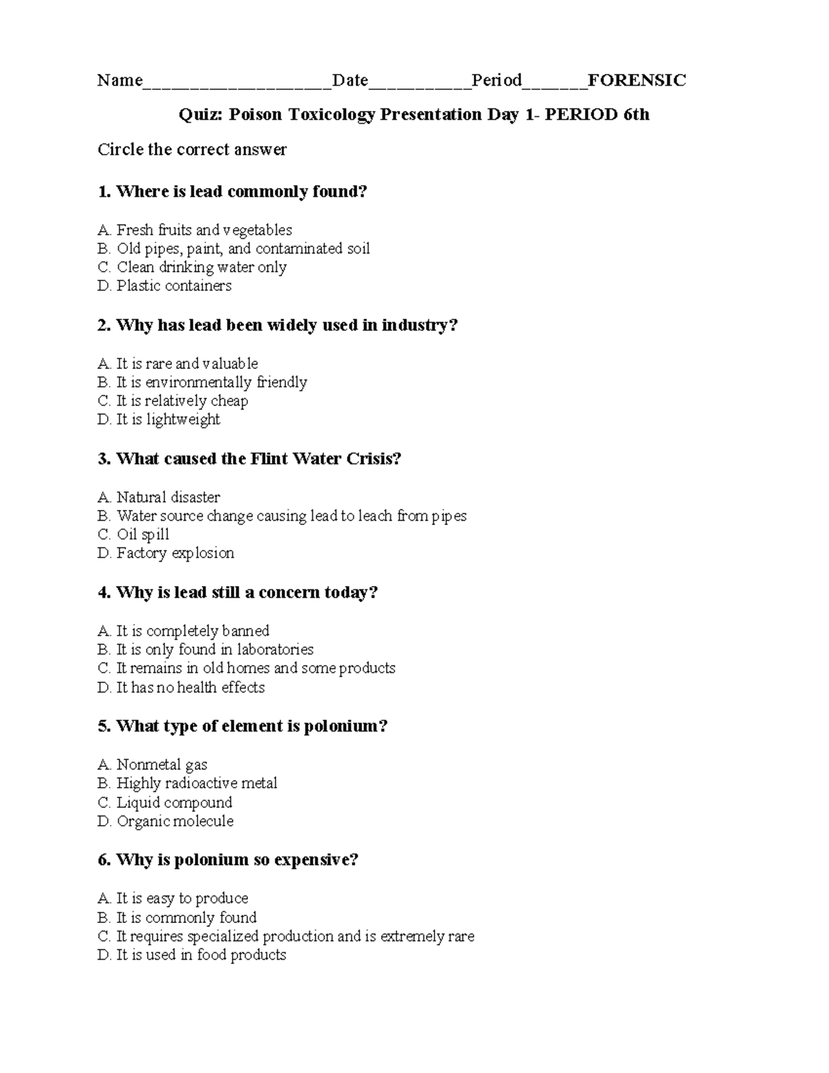 Quiz: Poison Toxicology Presentation Day - Period 6 - Studocu
