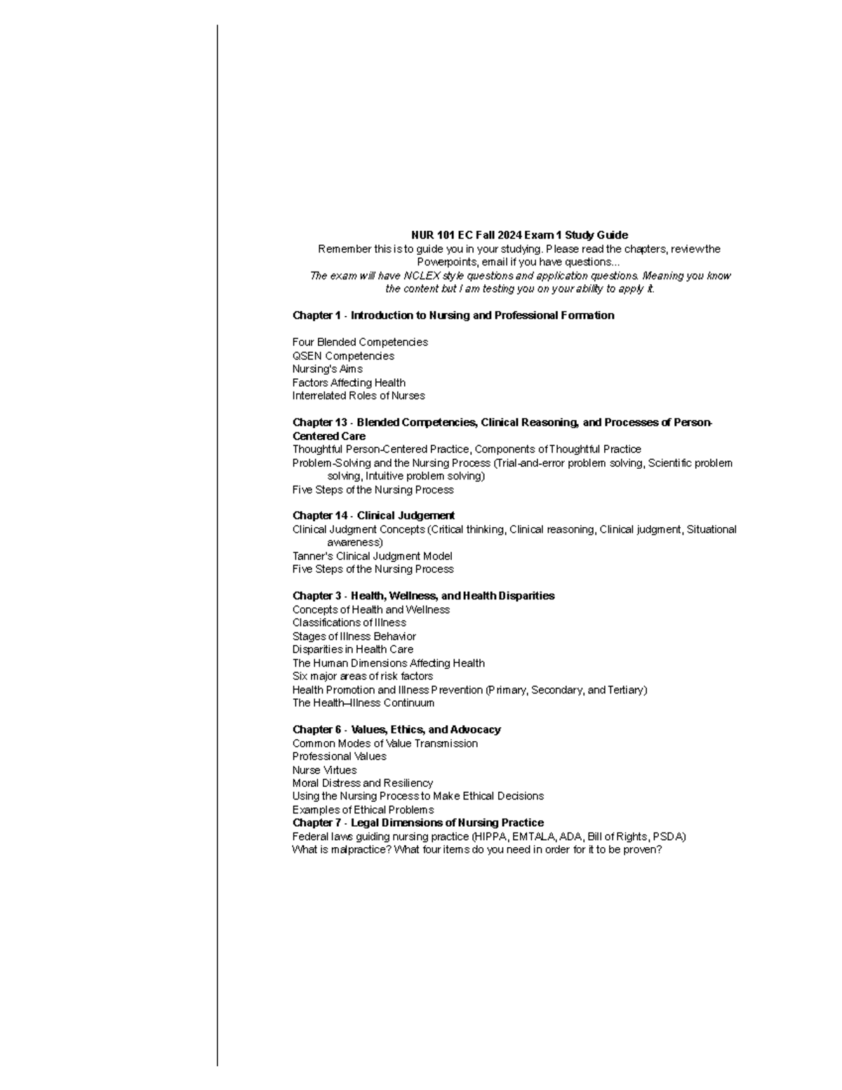 NUR 101 EC Fall 2024 Exam 1 Study Guide: Key Concepts & Prep - Studocu