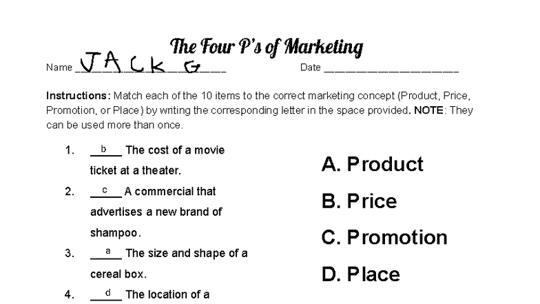 Matching the 4 P's of Marketing (MKT 101) - Studocu