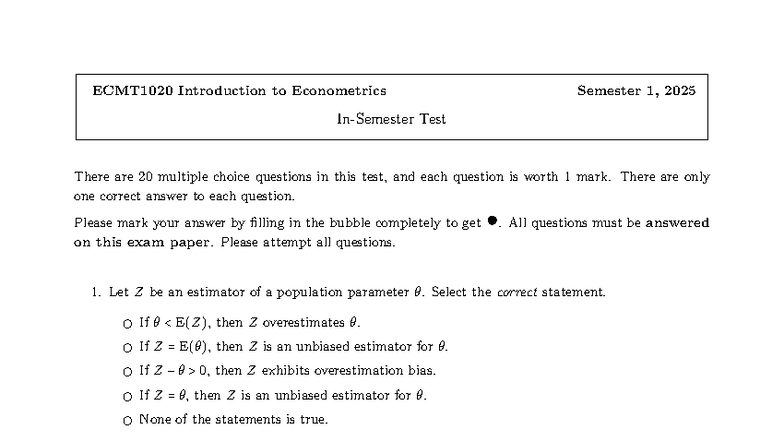 ECMT1020 2025 Midterm Practice Test on Econometrics Concepts - Studocu