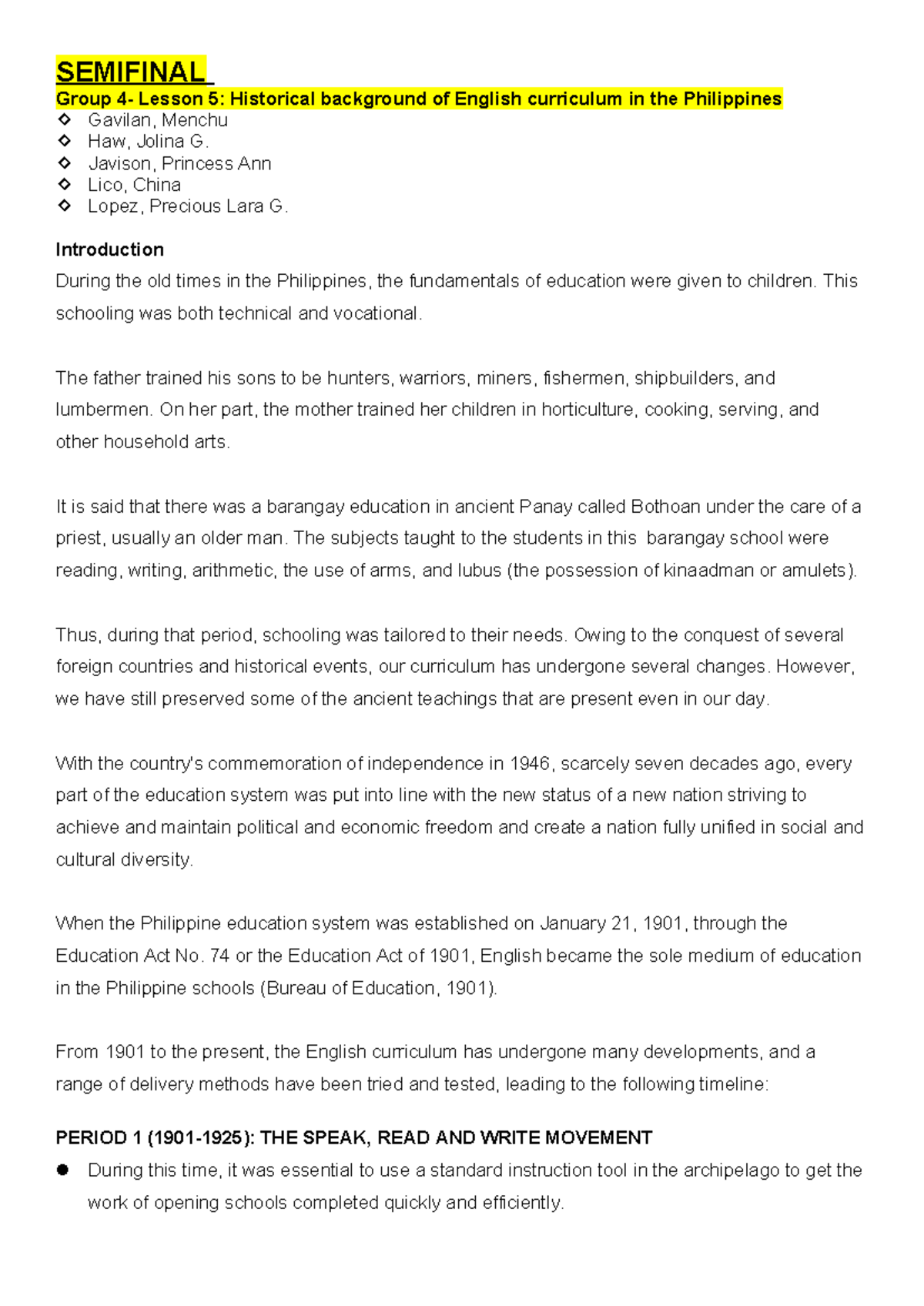 SEMIFINAL Group Lesson 5: English Curriculum History in the Philippines ...