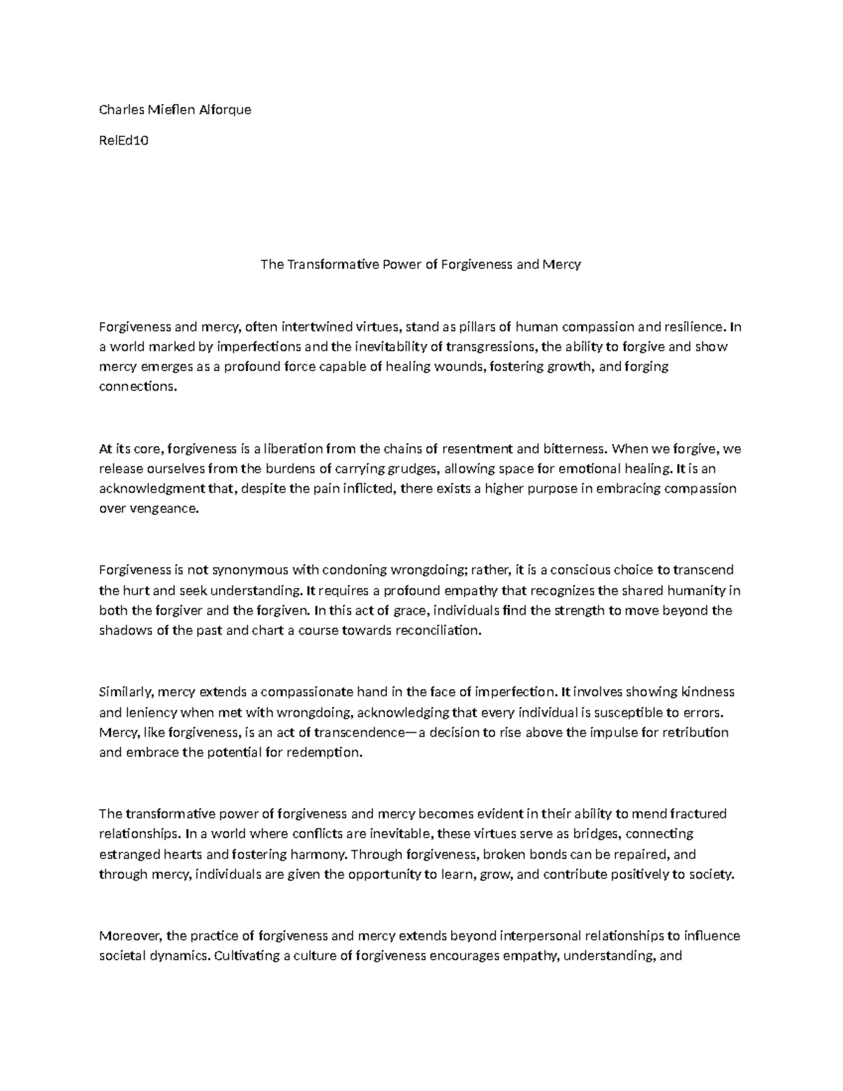 RelEd: The Transformative Role of Forgiveness & Mercy in Healing - Studocu