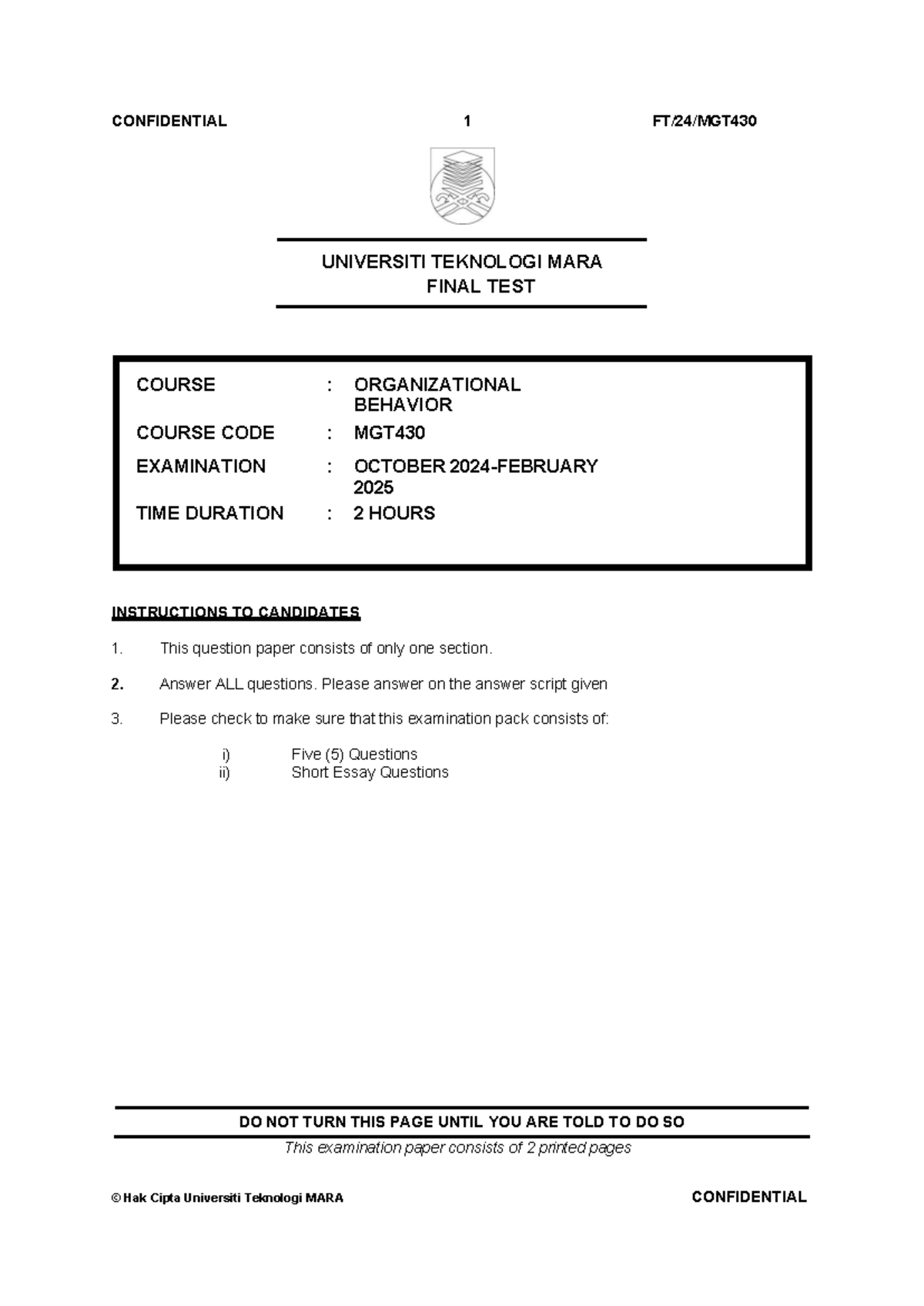 Final Exam MGT430 Organizational Behavior Questions - October 2025 ...