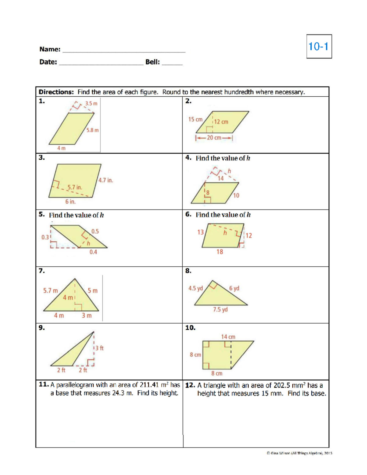 Math 10-1: Area Calculation Worksheet - Studocu