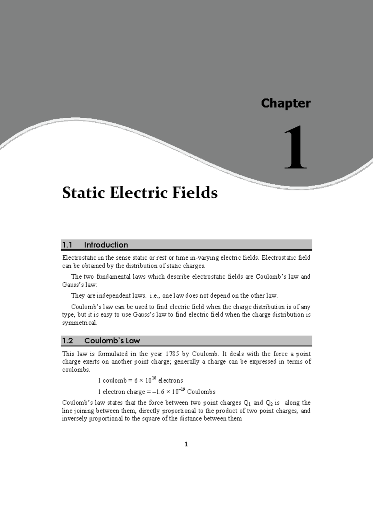 Static electric fields - 1 Chapter 1 Static Electric Fields 1 ...