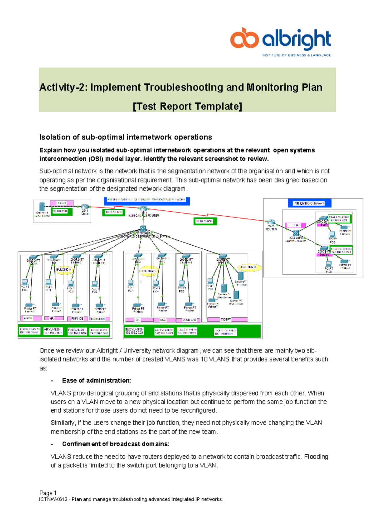 Ictnwk 612 - Troubleshooting and Monitoring Plan Test Report - Document Preview