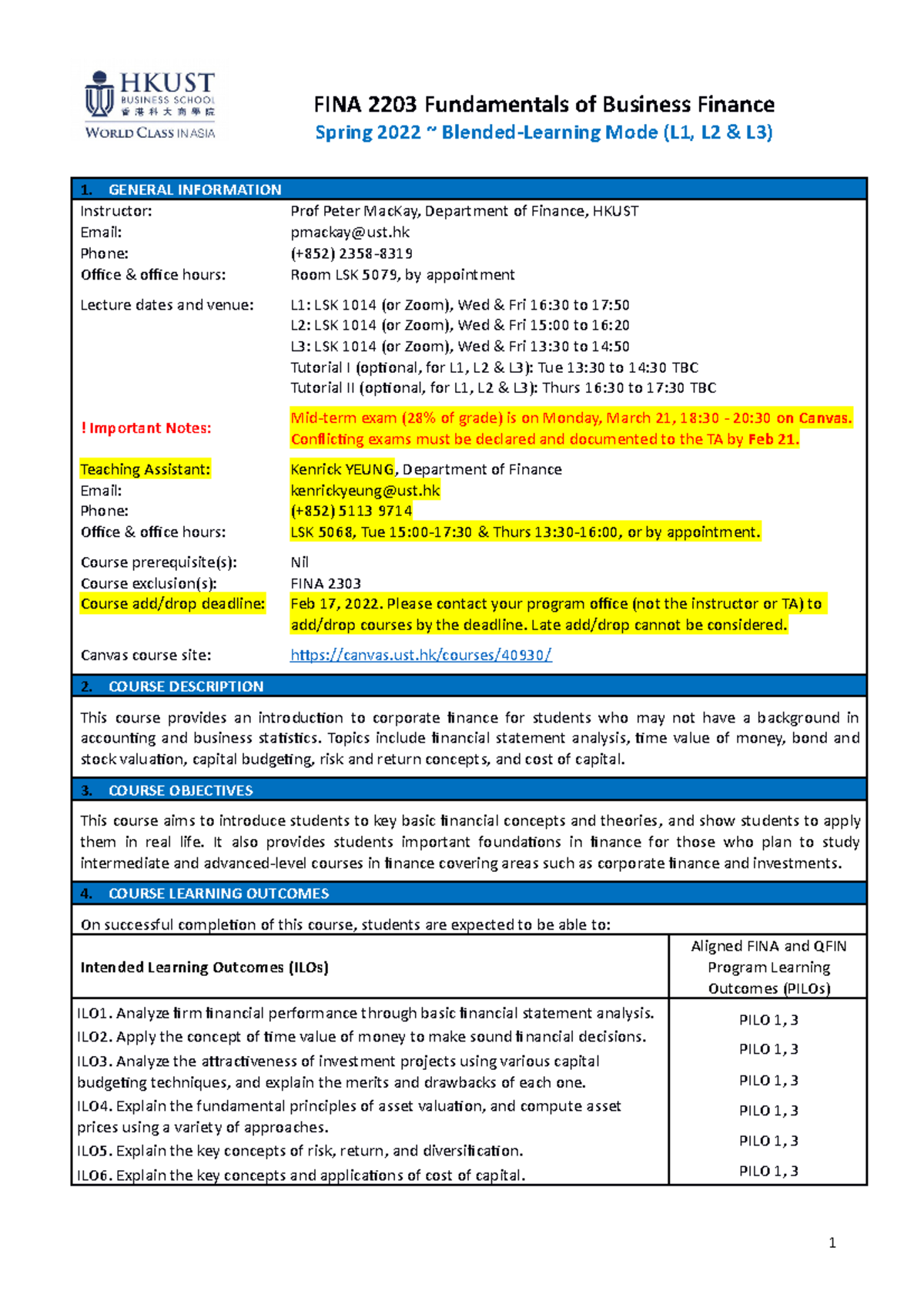 Syllabus for FINA 2203: Fundamentals of Business Finance, Spring 2022 ...