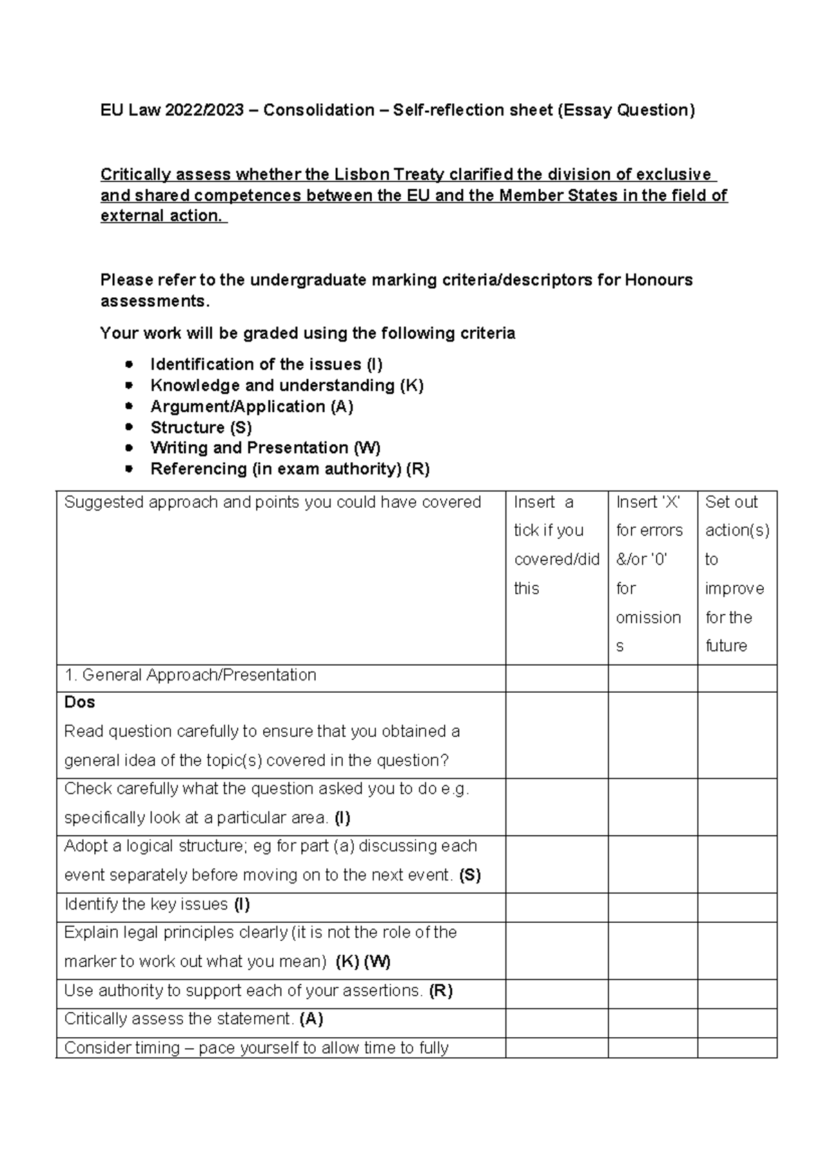 EU Law Formative Test Reflection Sheet (Essay Question) - Studocu