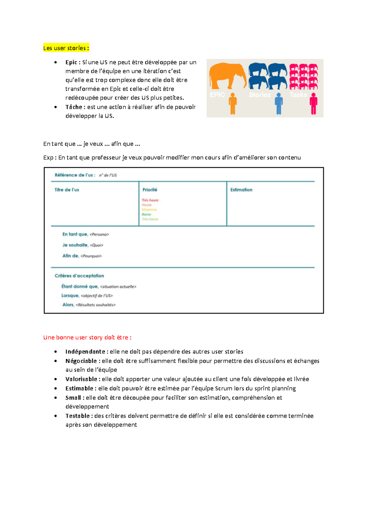 Agile resume - ffffffffffff - Les user stories : - Epic : Si une US ne ...