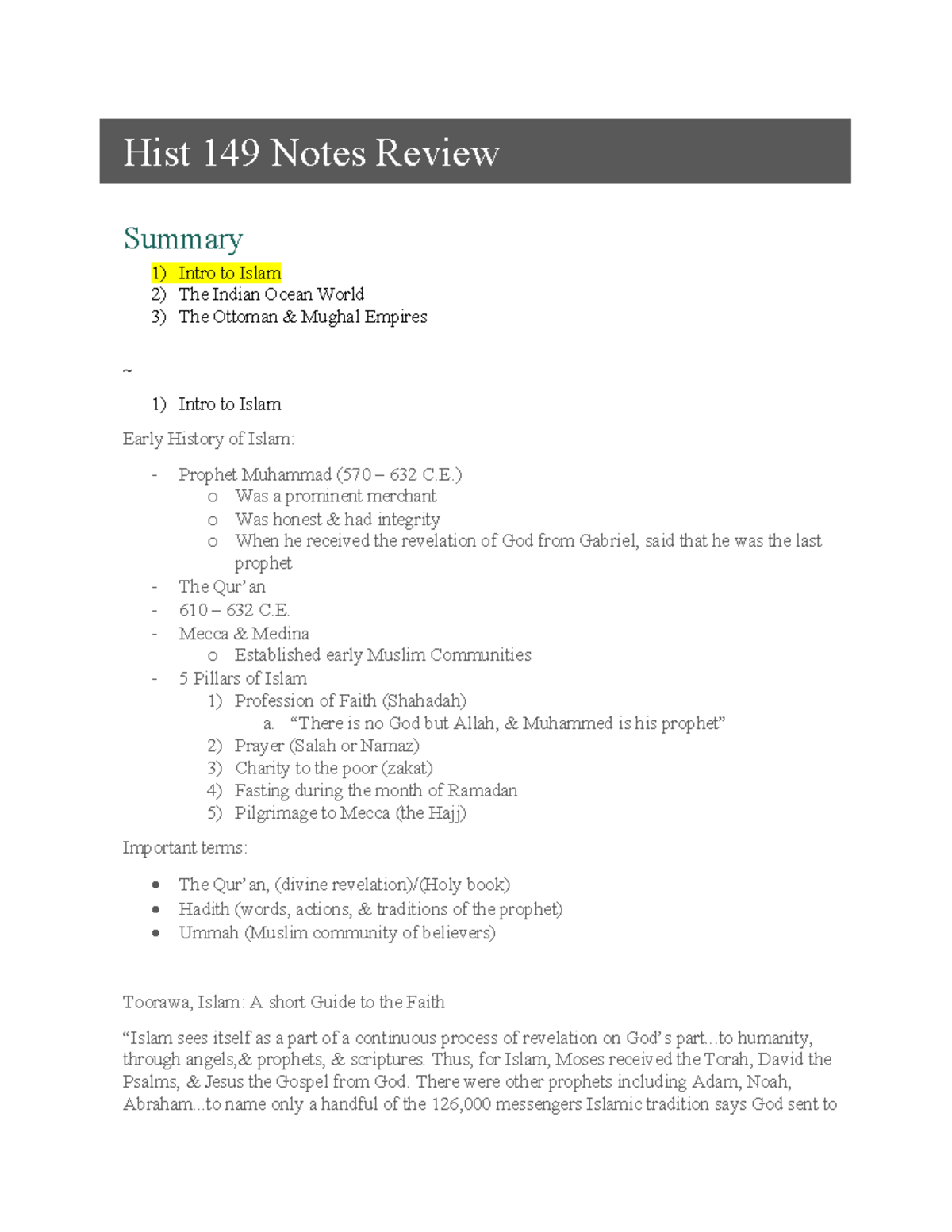 Hist 149 Lecture Notes: Intro to Islam & Empires Overview - Studocu