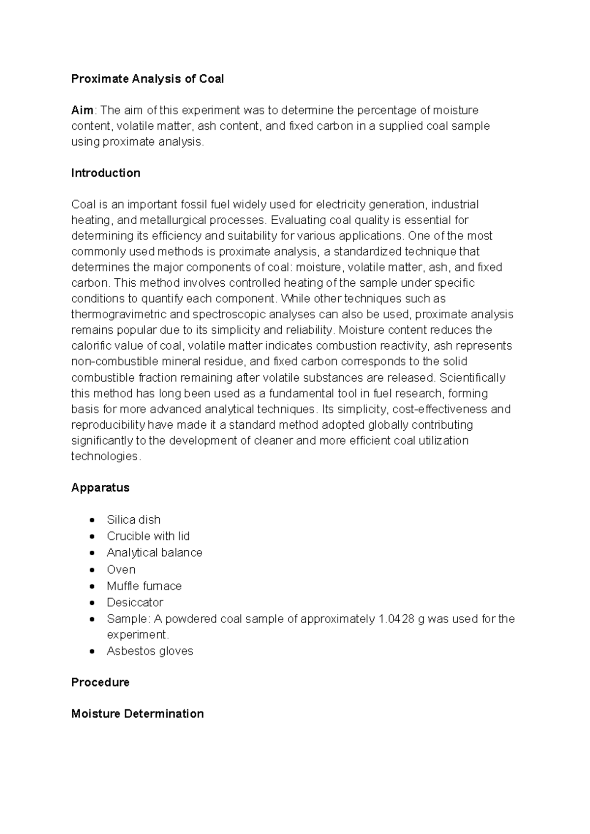 Proximate Analysis of Coal: Determining Key Components - Studocu