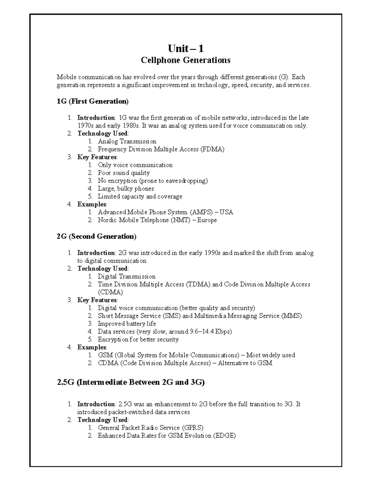 Unit 1 & 2 Short Notes on Mobile Communication Generations and Networks ...