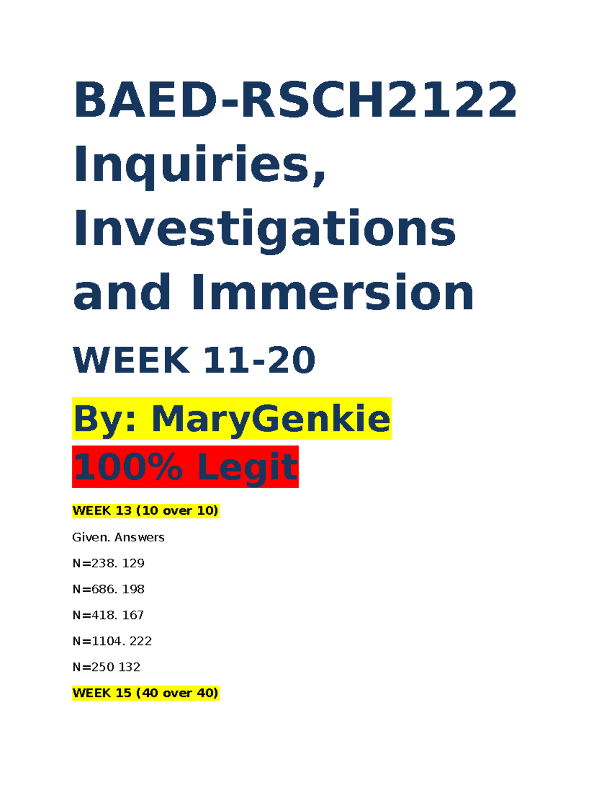 RSCH2122 Week 11-20 Study Guide: Inquiries and Data Analysis Insights - Document Preview