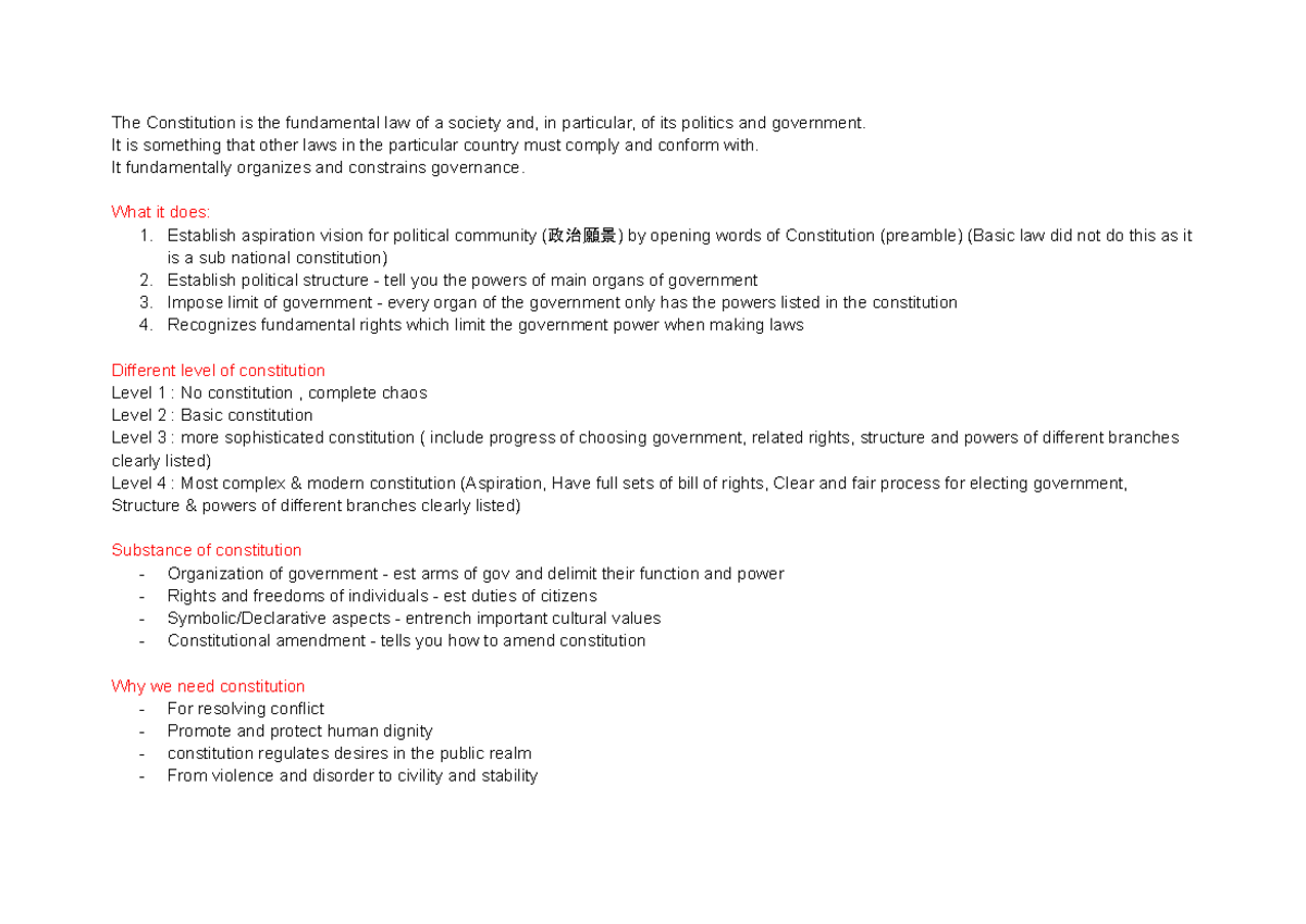 Constitution note - lecture note - The Constitution is the fundamental ...