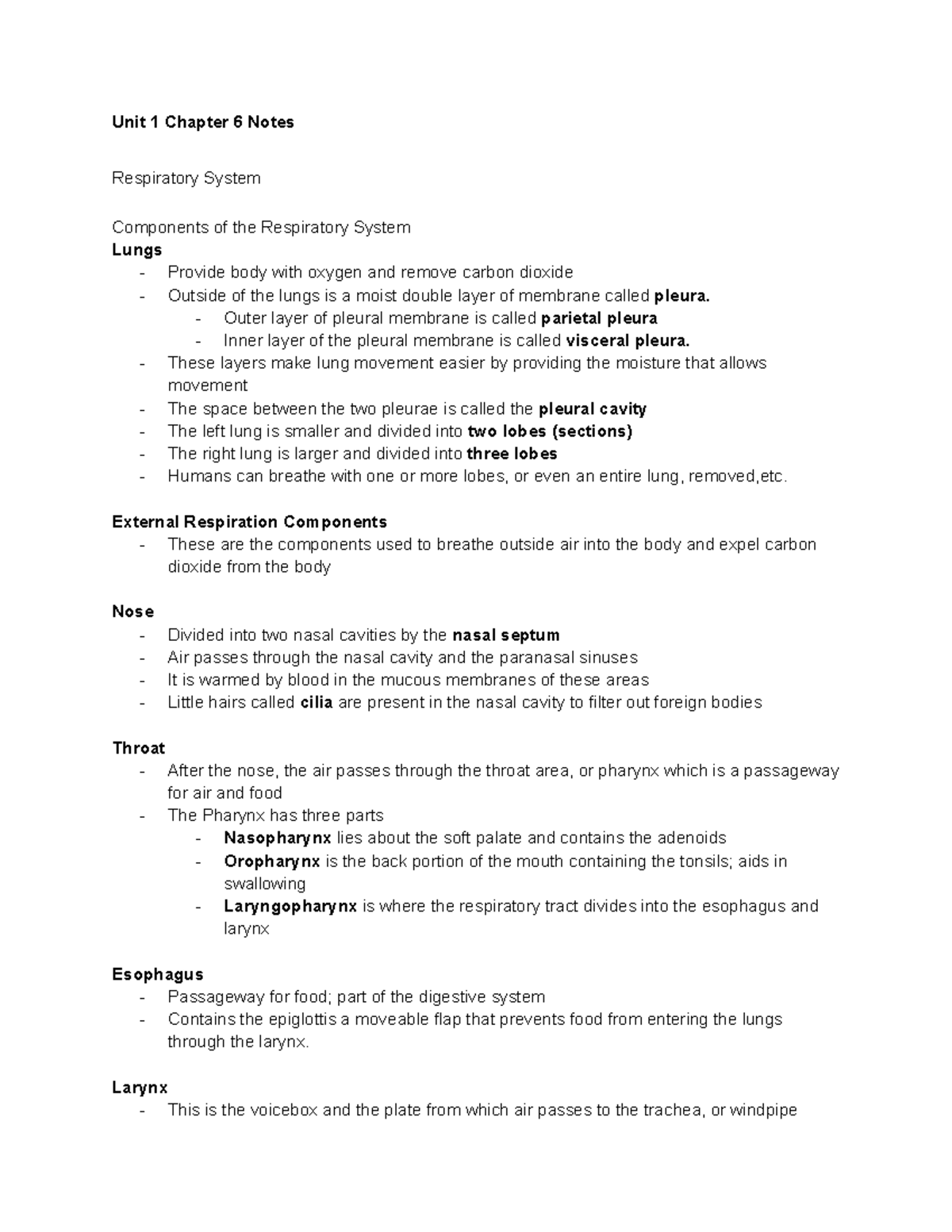 Unit 1 Chapter 6 Study Notes on Respiratory & Muscular Systems - TPJ3M ...