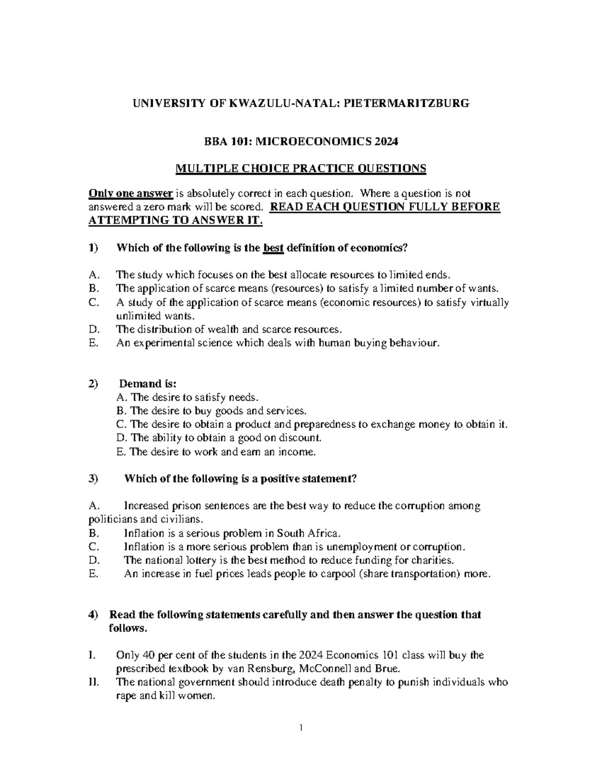 BBA Econs 101 Multiple Choice Practice Questions - Feb 2024 - Studocu