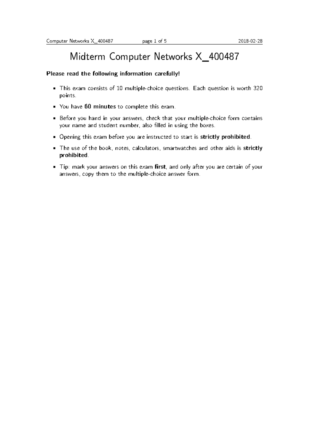 CN 2018 Midterm Exam Answers: Computer Networks Review - Studeersnel
