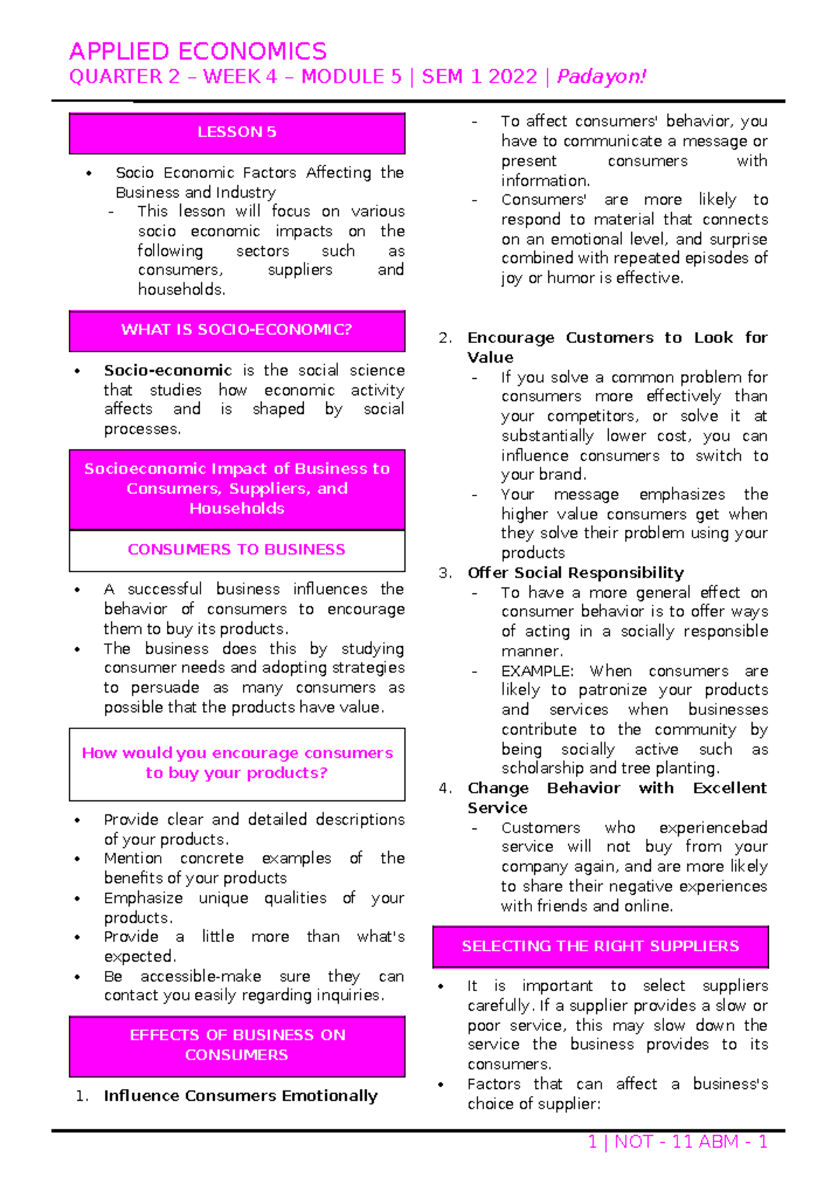 APPLIED ECONOMICS SEM 1 2022 LESSON 5: Socio Economic Factors - Studocu
