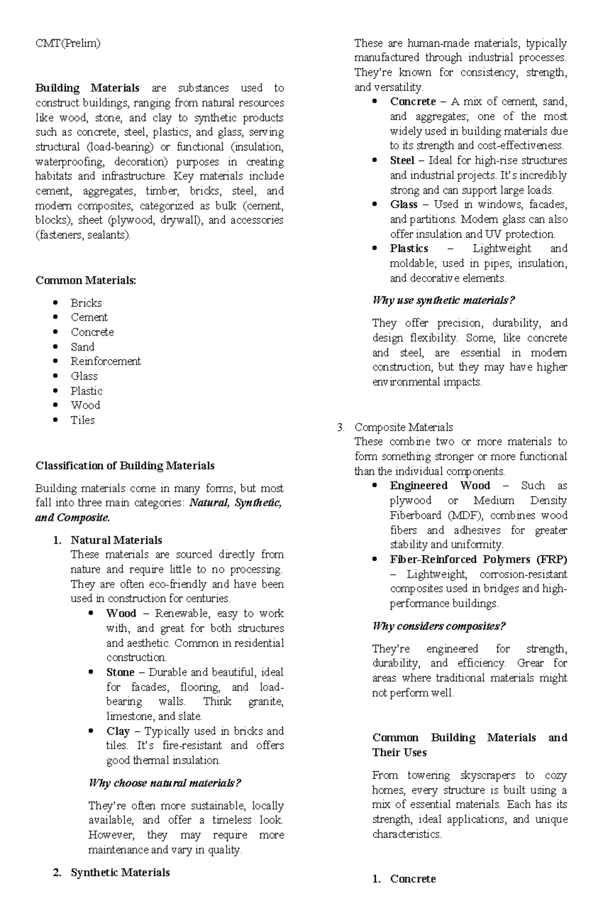 CMT(Prelim) Overview of Building Materials and Their Uses - Studocu