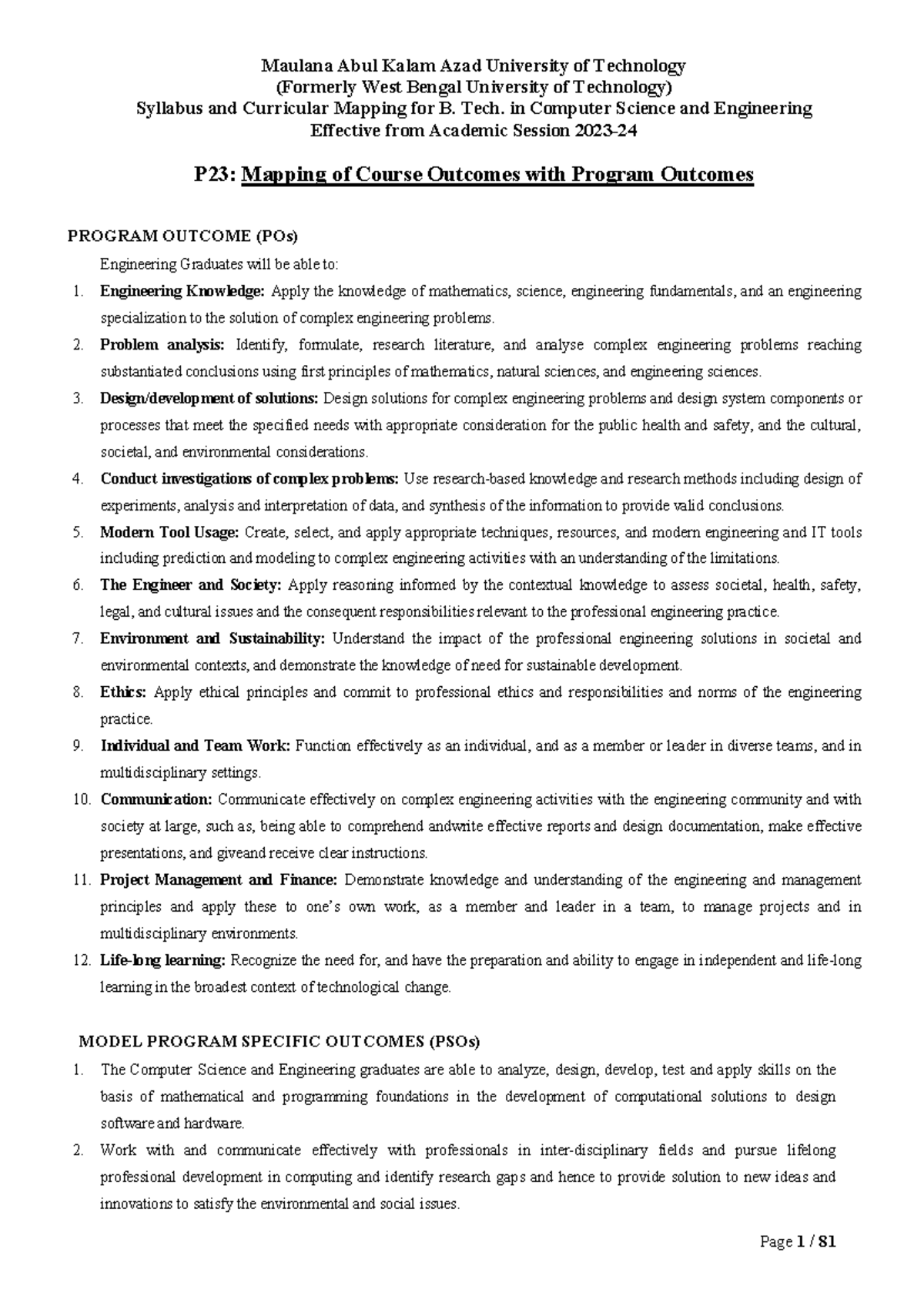 B. Tech. CSE Syllabus & Curricular Mapping for Semesters I & II (P23 ...