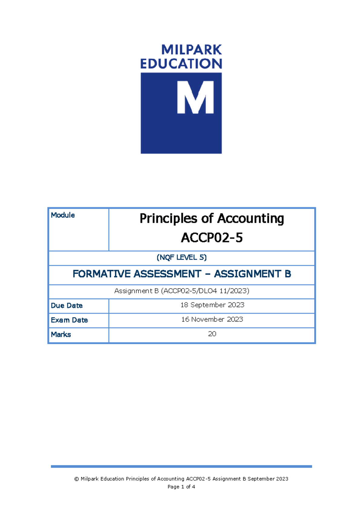 Principles of Accounting ACCP02-5 Assignment B DLO4 Sept 2023 - Studocu