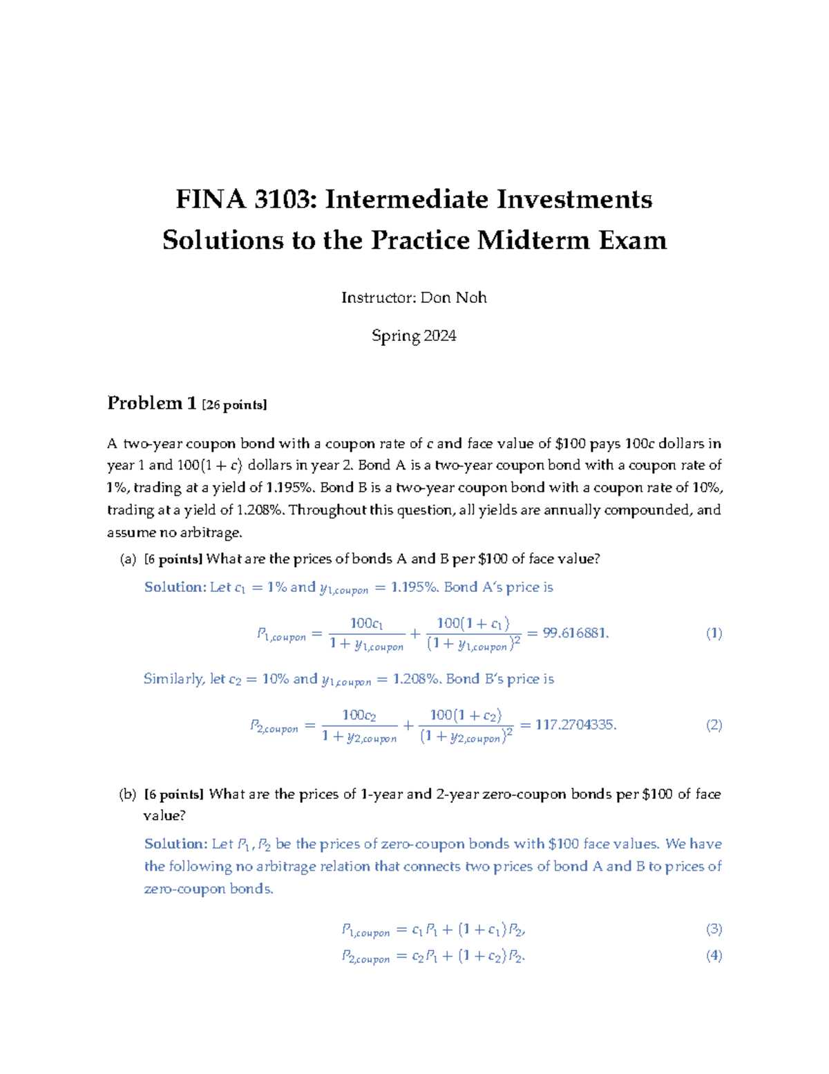 FINA 3103 Midterm Practice Solutions Spring 2024 - Studocu