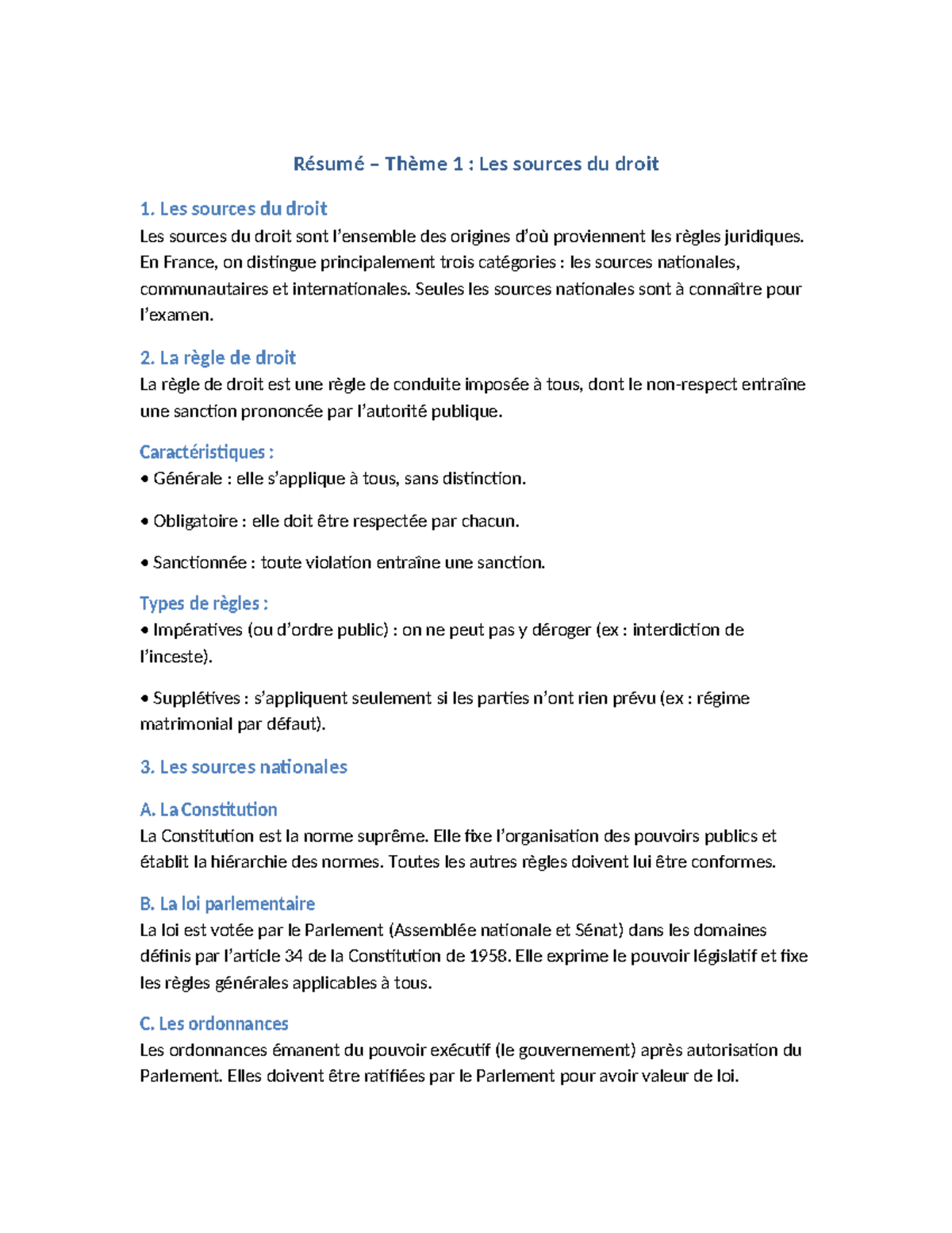 Résumé Thème 1 : Les Sources du Droit en France - Studocu