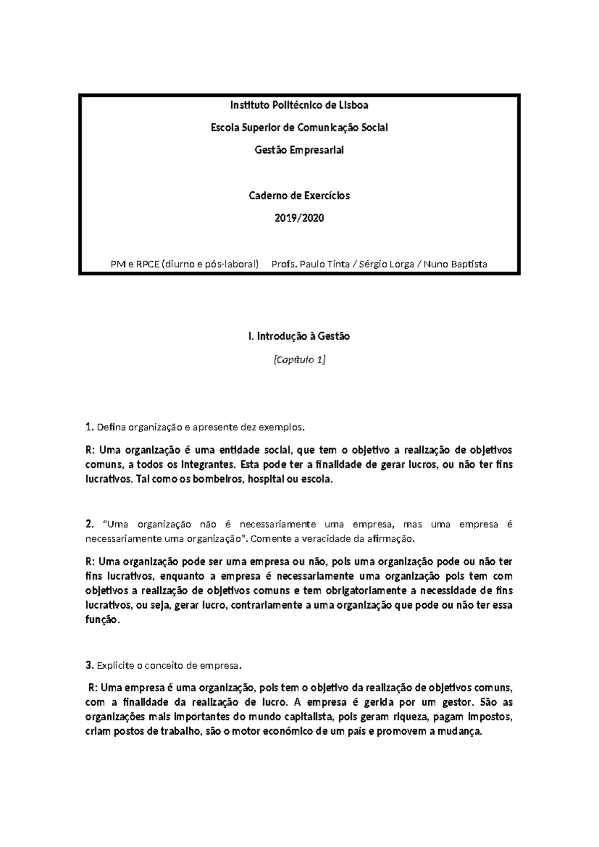 Exercícios de Gestão Empresarial - Parte 1 (PM e RPCE) - Studocu