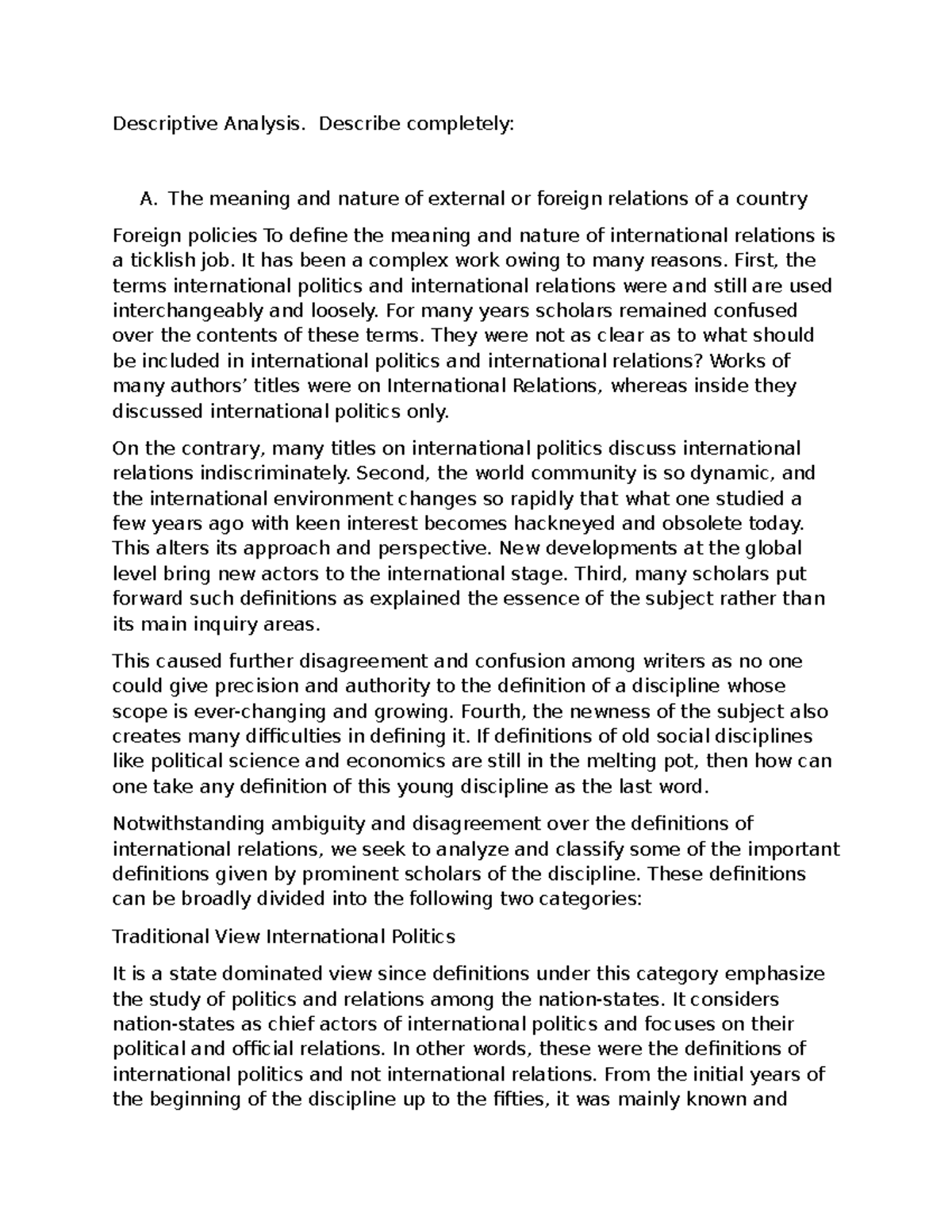 Descriptive Analysis of International Relations: Definitions and Views ...