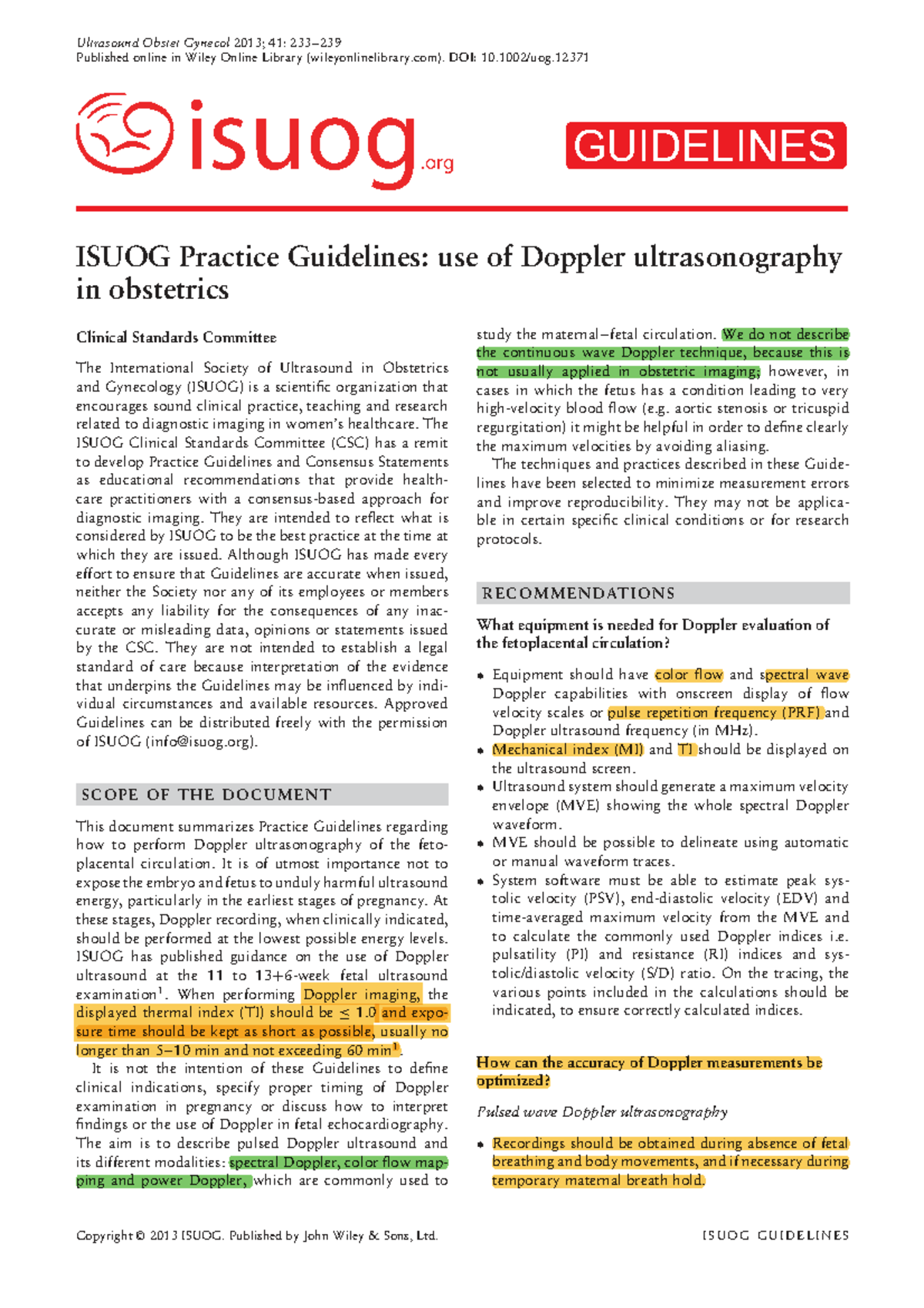ISUOG Guidelines: Doppler Ultrasonography in Obstetrics - Studocu