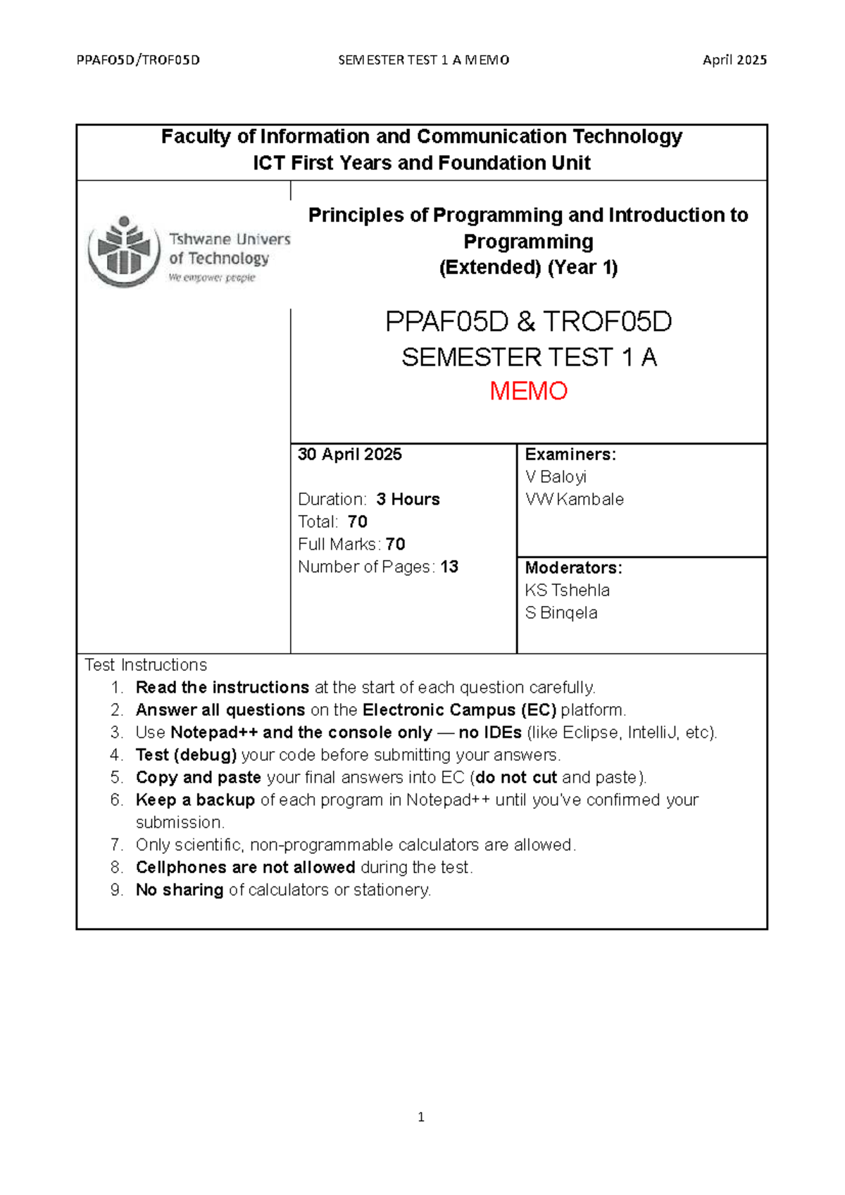 Semester Test 1A Memo: Principles of Programming (PPAF05D, TROF05D ...