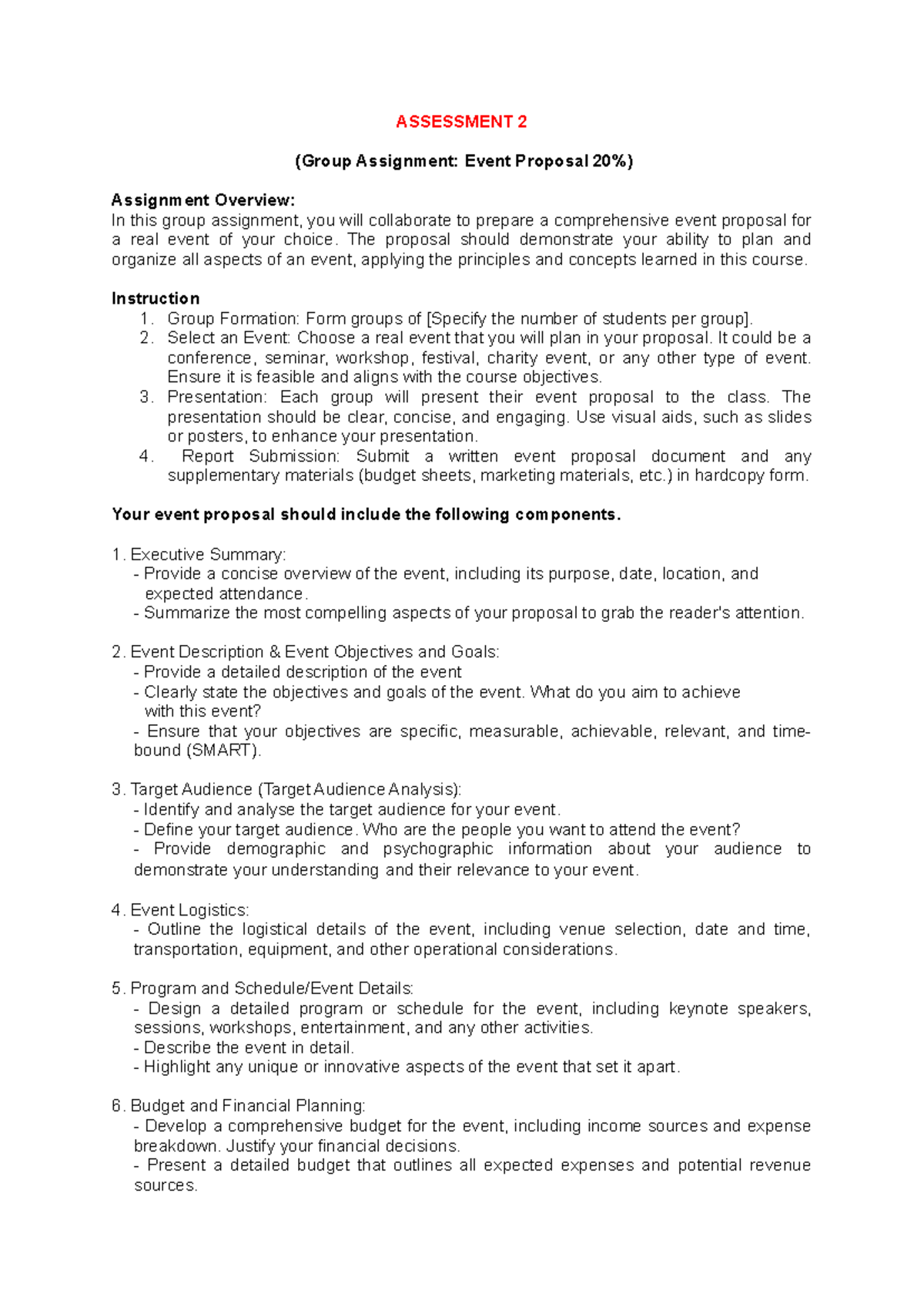 Event Proposal Assignment Overview - ASSESSMENT 2 Guide - Studocu