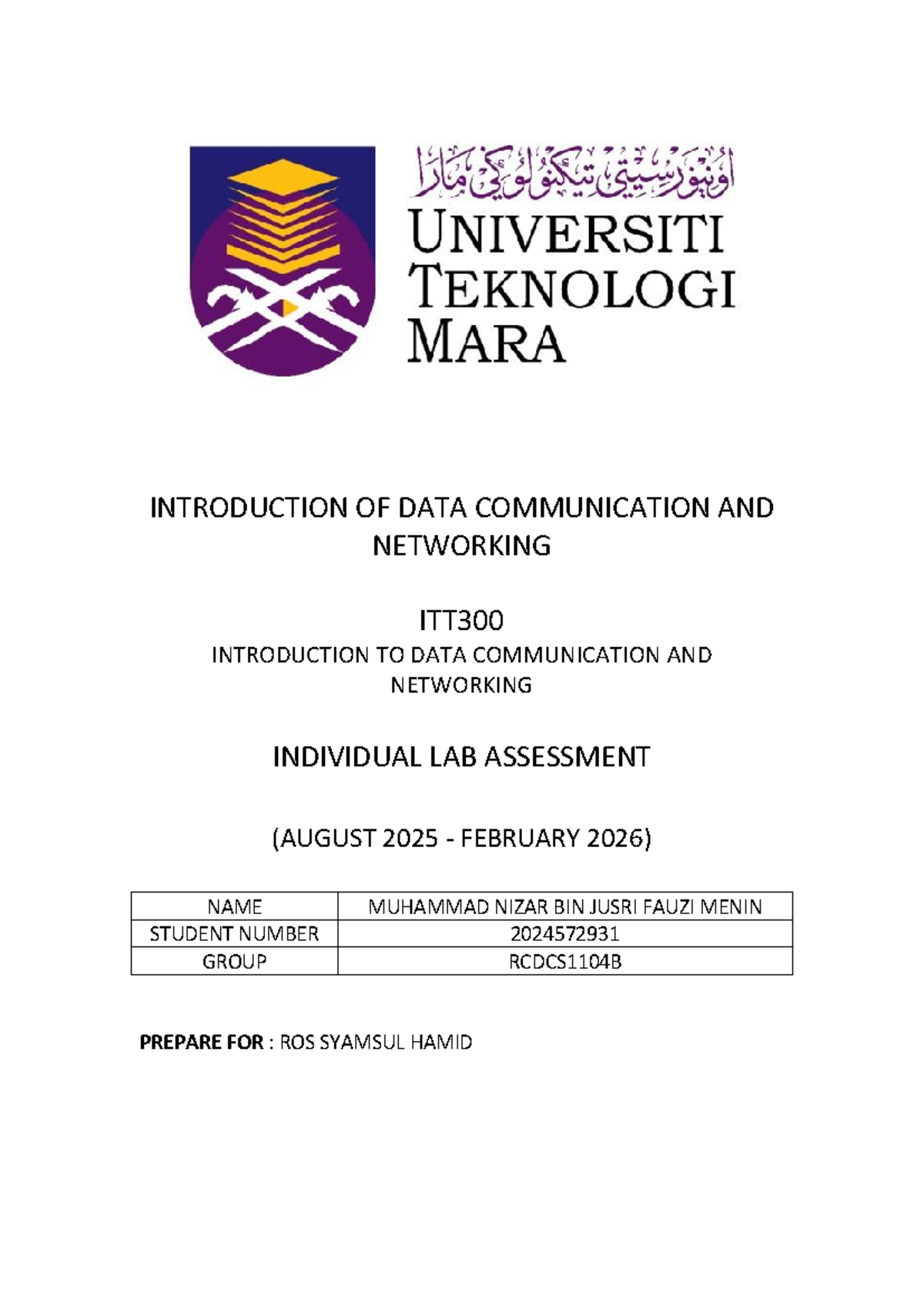 ITT300 Individual Lab Assessment: Data Communication & Networking - Studocu