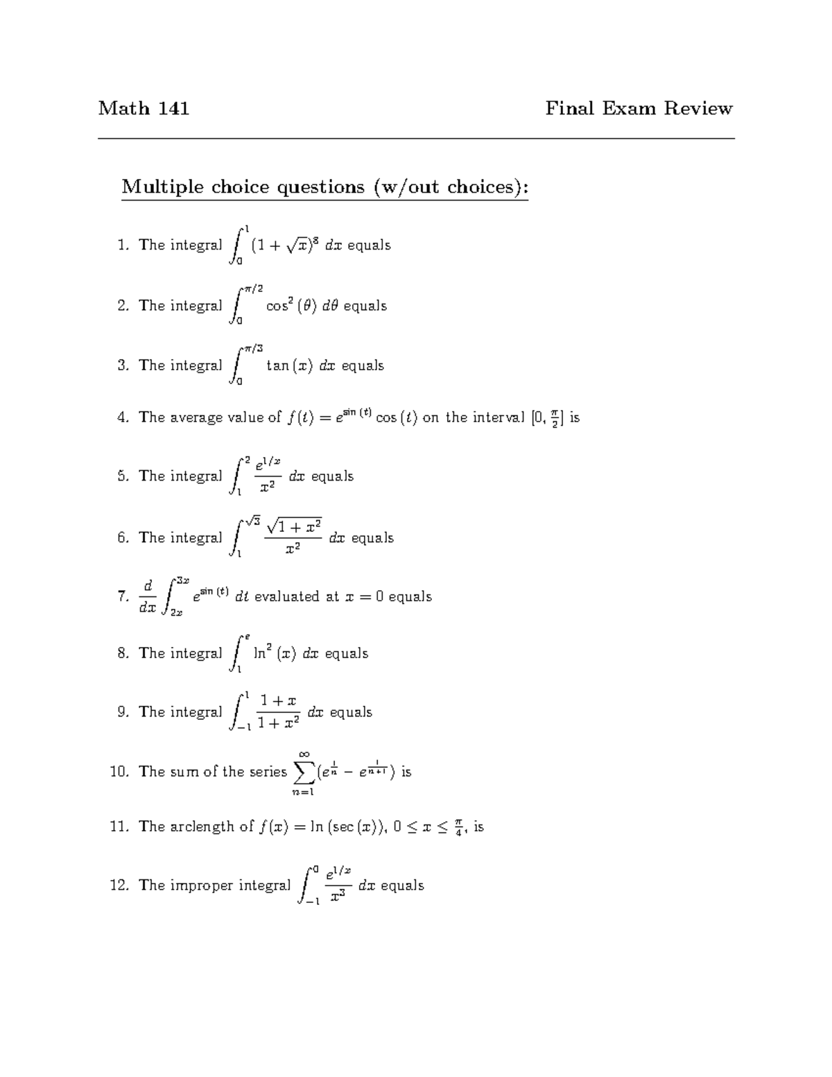 Math 141 Final Exam Review Guide: Essential Integrals & Series - Studocu