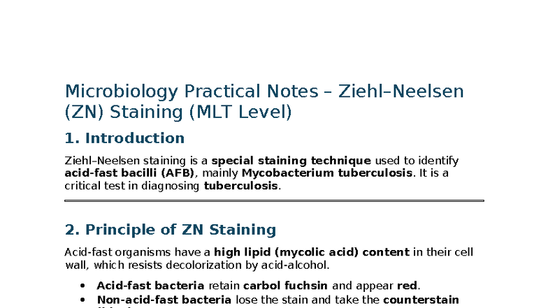 Ziehl–Neelsen Staining for AFB Detection & Grading (MLT) - Studocu