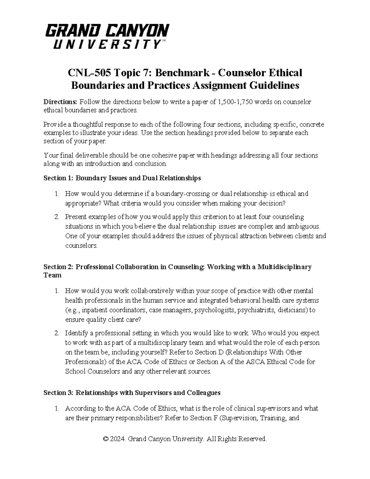 CNL 505 RS T7 Benchmark Assignment: Ethical Boundaries in Counseling ...