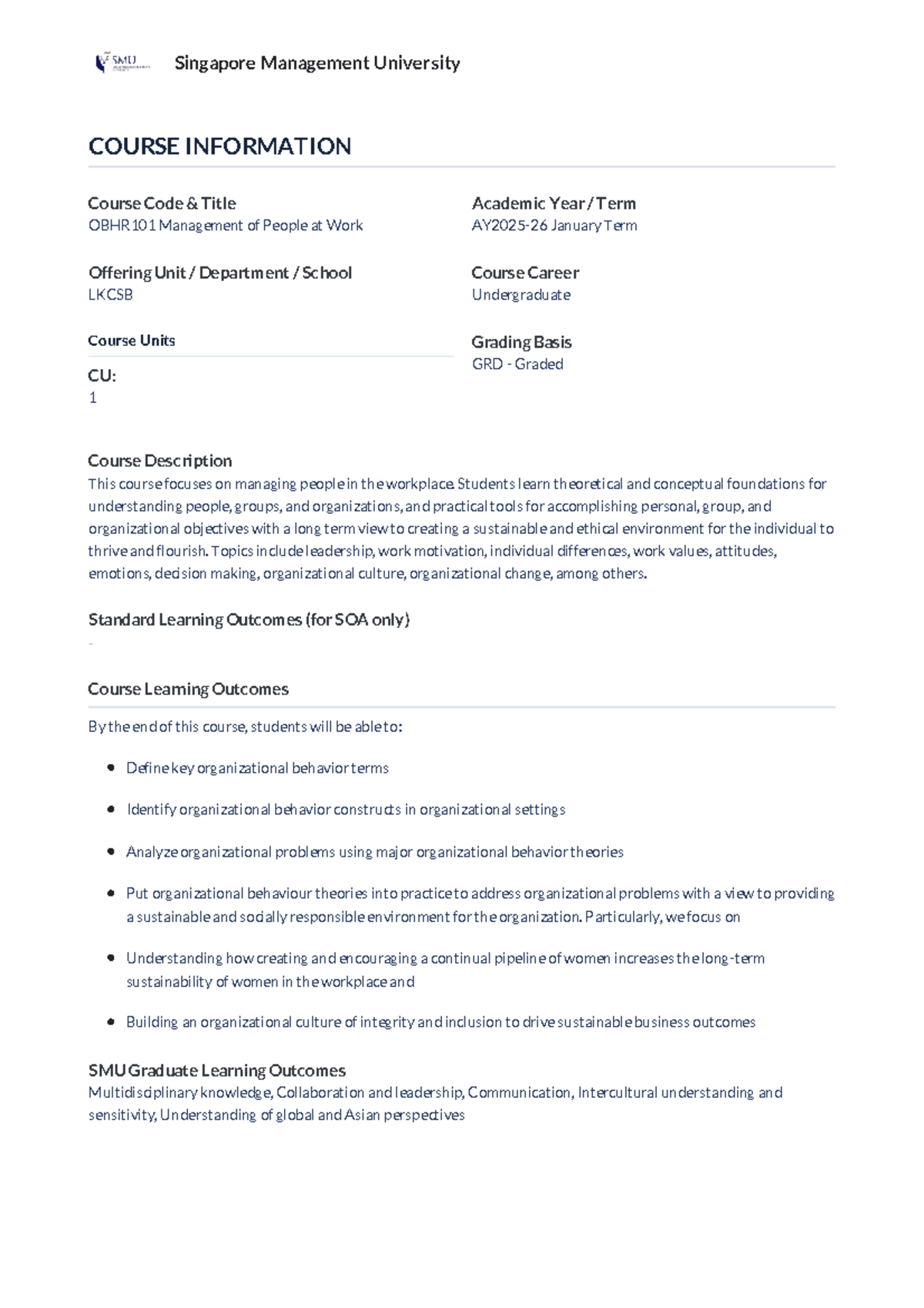 OBHR101 Management of People at Work - Course Overview and Details ...