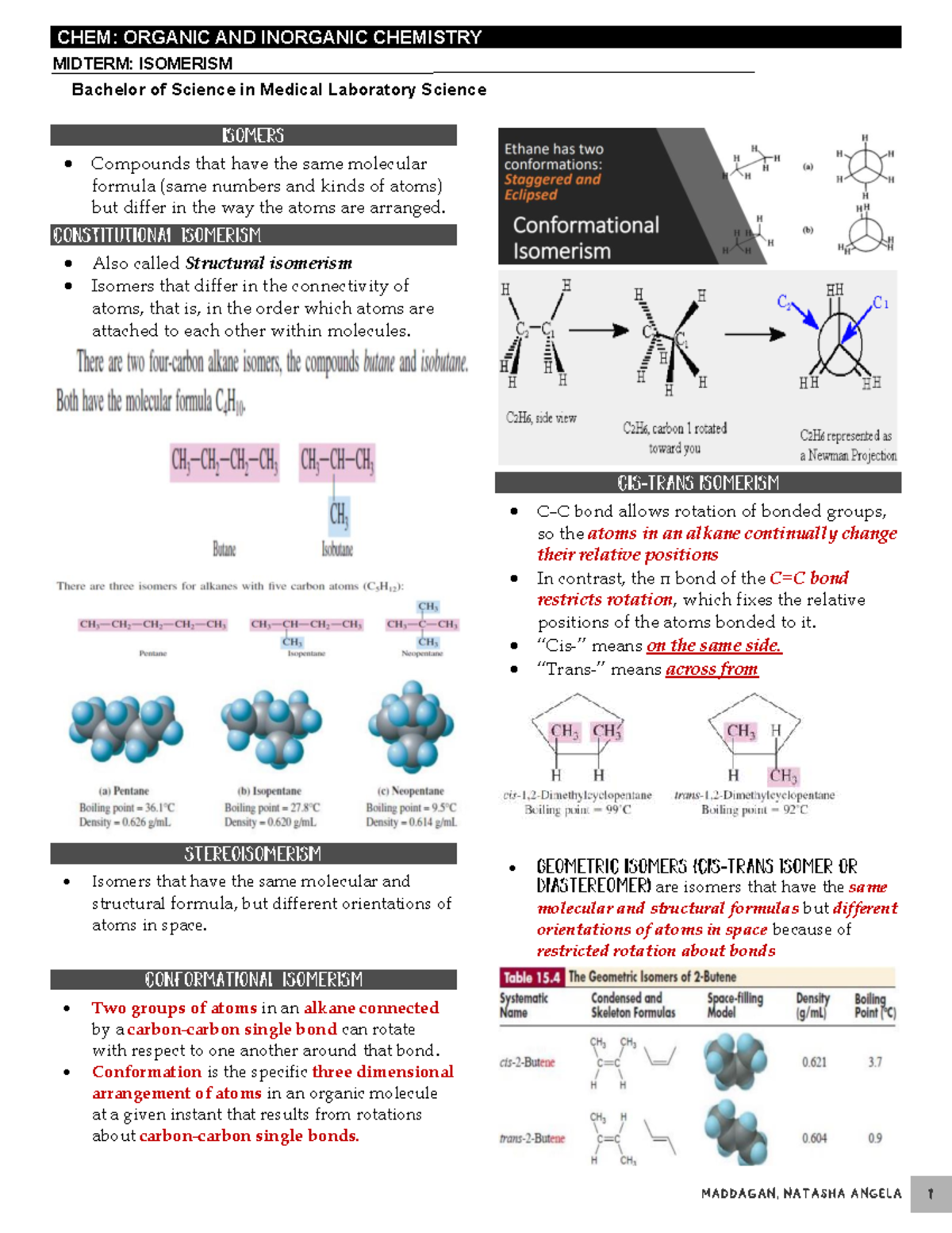 CHEM: ORGANIC & INORGANIC CHEMISTRY MIDTERM NOTES ON ISOMERISM - Studocu