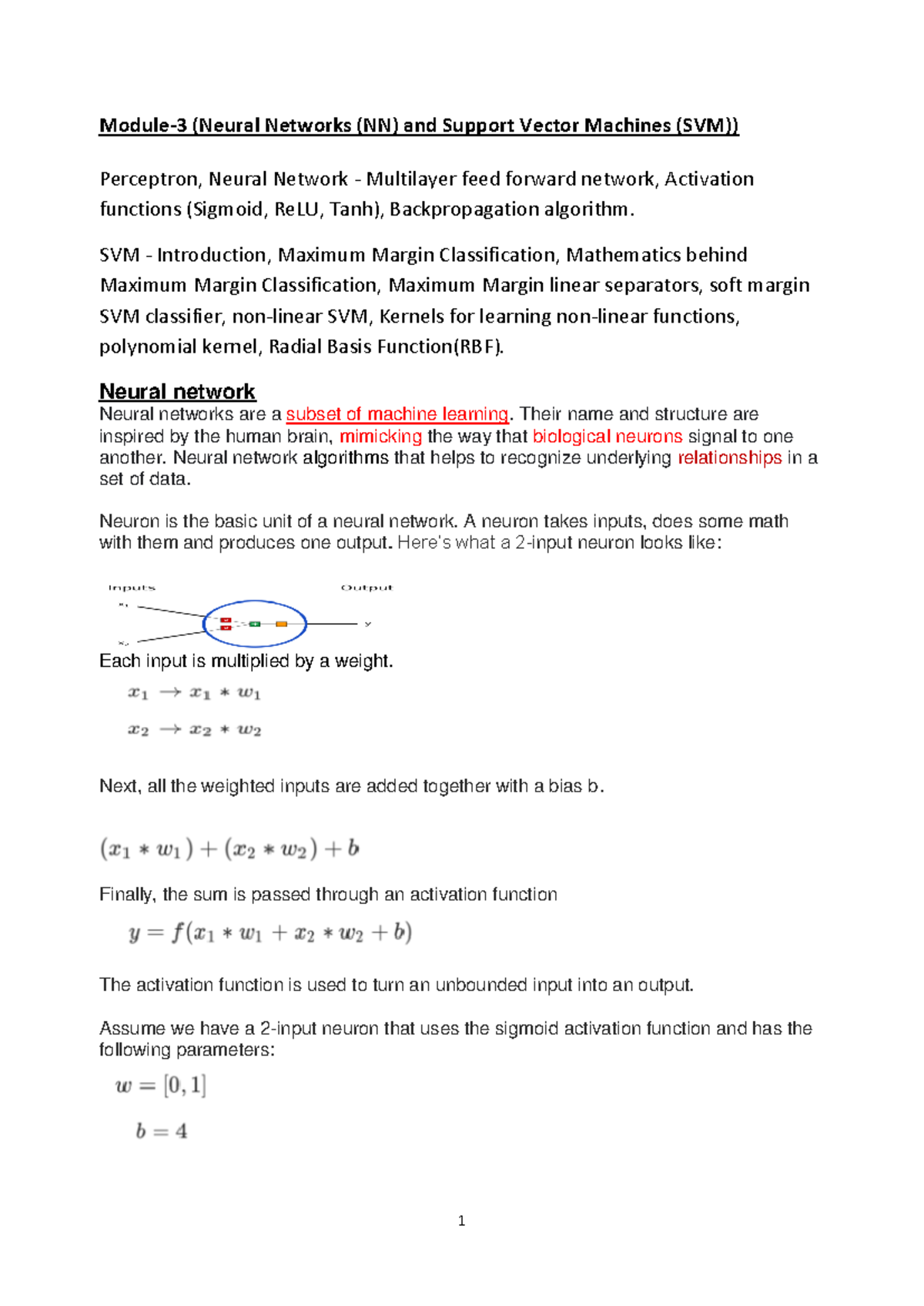 Module 3 ML: Notes on Neural Networks & Support Vector Machines - Studocu