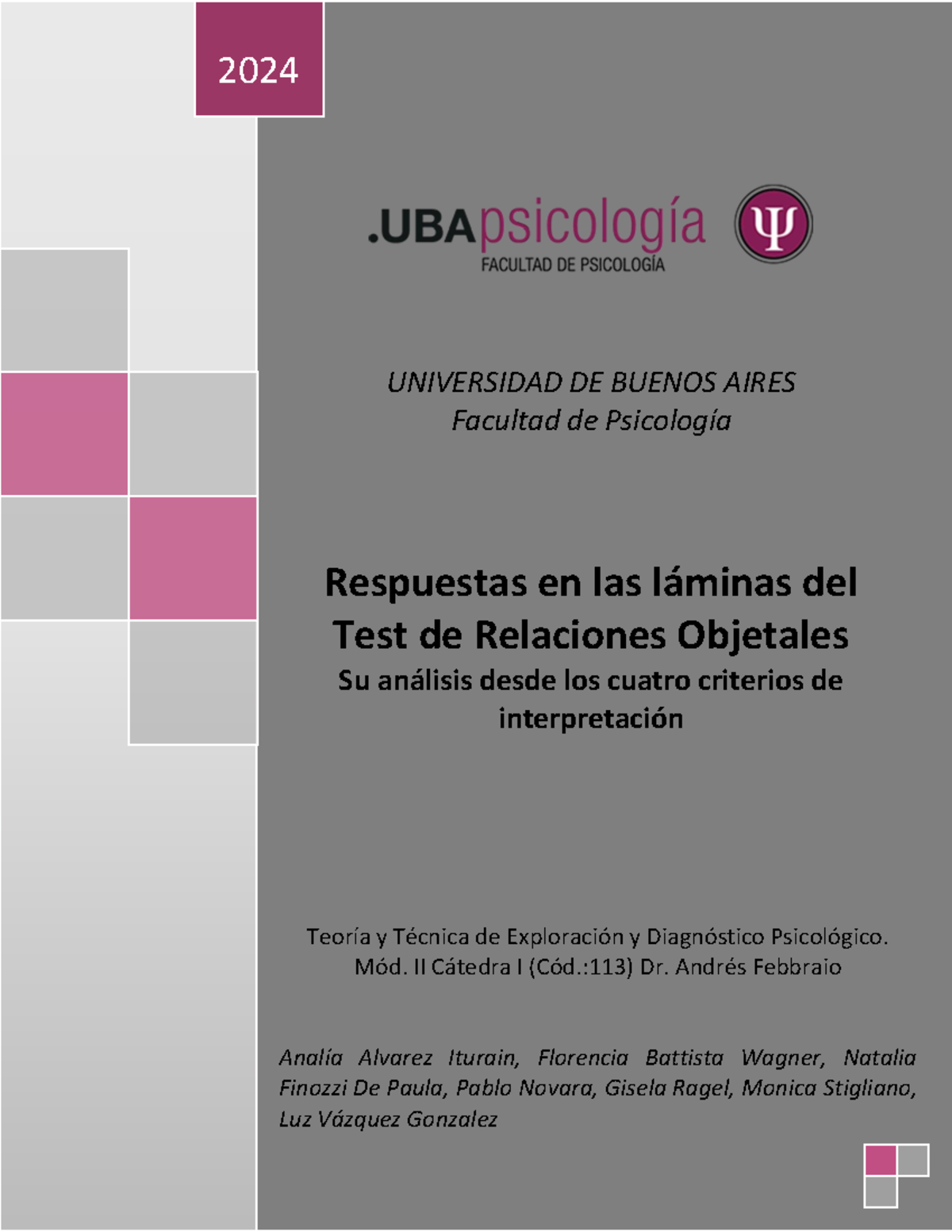 Respuestas y Análisis del Test de Relaciones Objetales (TRO) 2024 - Cód. 113 - Document Preview