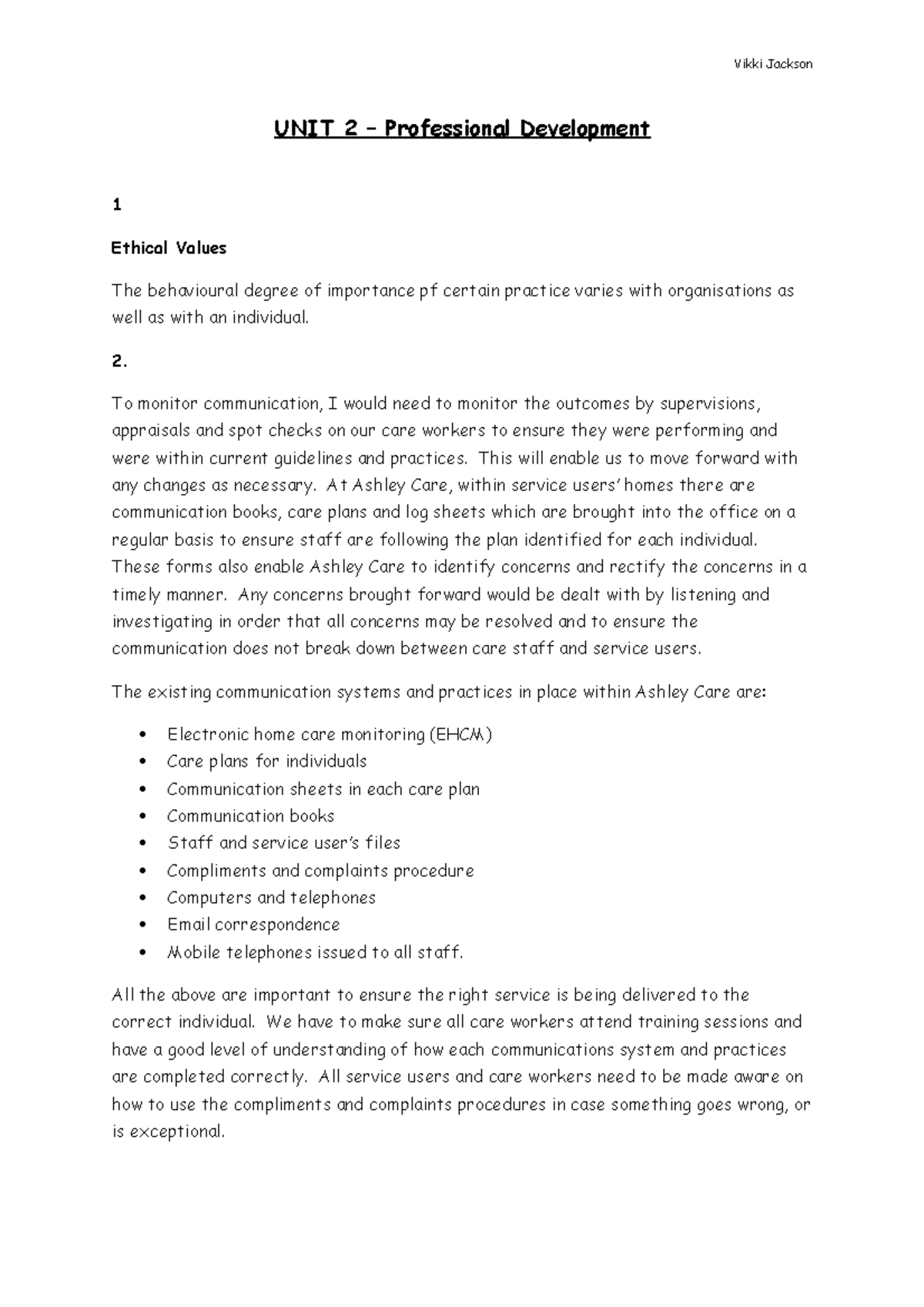 Unit 2 - Professional Development in Ethical Care Practices - Studocu