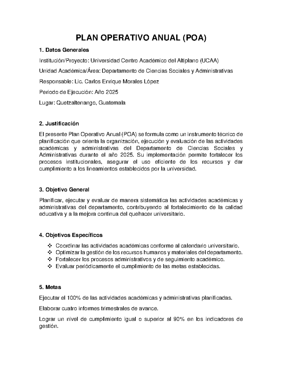 POA 2025: Plan Operativo Anual y Memoria de Labores UCAA - Studocu